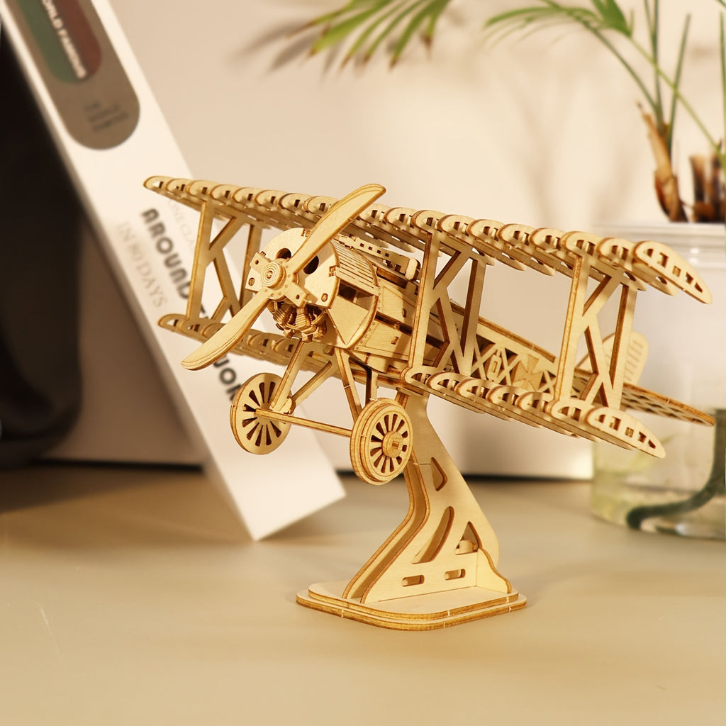 3D Wooden Puzzle Bi-Plane Model Kit – DIY Wood Craft Biplane Building Set, Handmade Gift for Kids Teens Adults, Christmas Birthday Gift