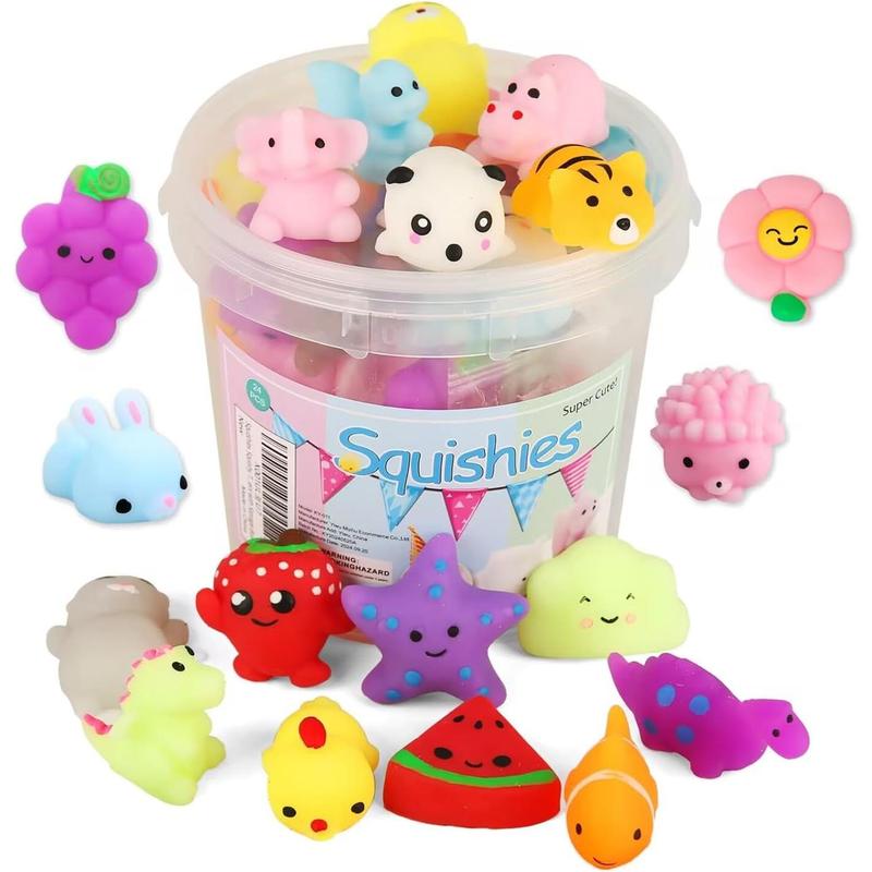 Mochi Animal Squishies 24 Pack with Storage Box, Mini Soft TPR Squeeze Toys for Kids, Birthday Party Favors, Classroom Prizes and Easter Basket Stuffers