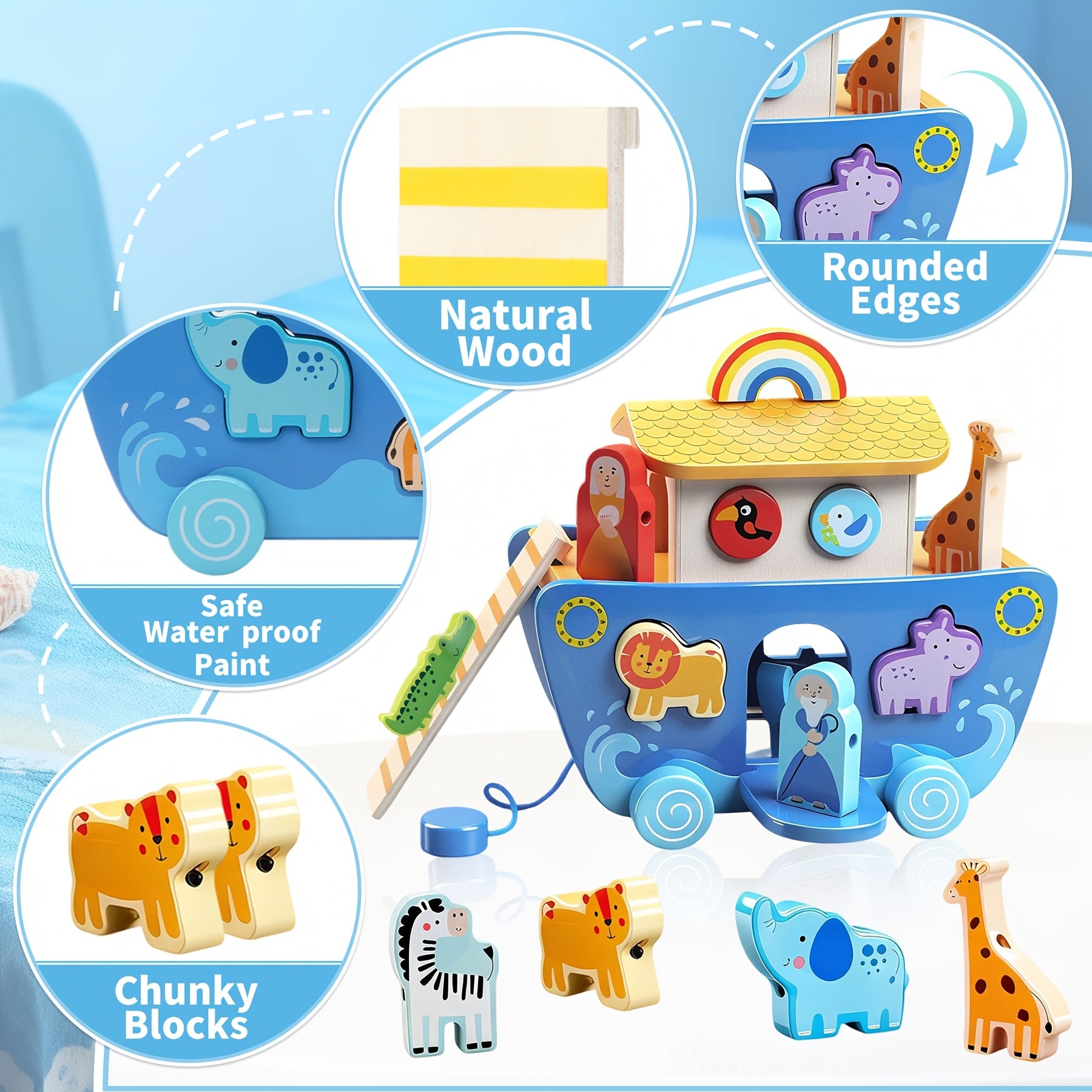 Wooden Noahs Ark Toy for Toddlers Ages 1-3 - Animal Shape Sorter Learning Toy with Wooden Animal Figures, Early Development Educational Toy, Baptism Birthday Christmas Gift for Boys Girls