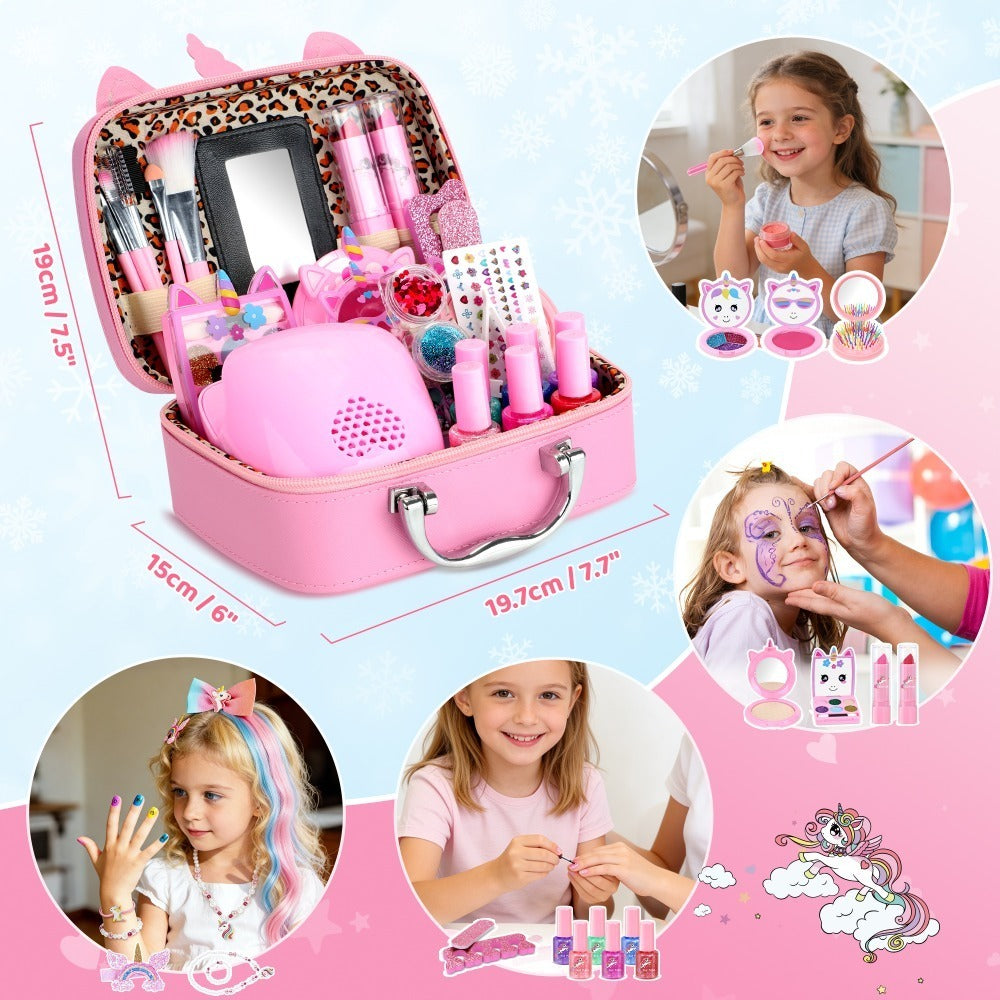 Kids Makeup Set for Girls – Non-Toxic Washable Pretend Cosmetic Kit with Nail Polish, Jewelry & Hair Accessories, Princess Dress-Up Gift Ages 3-8