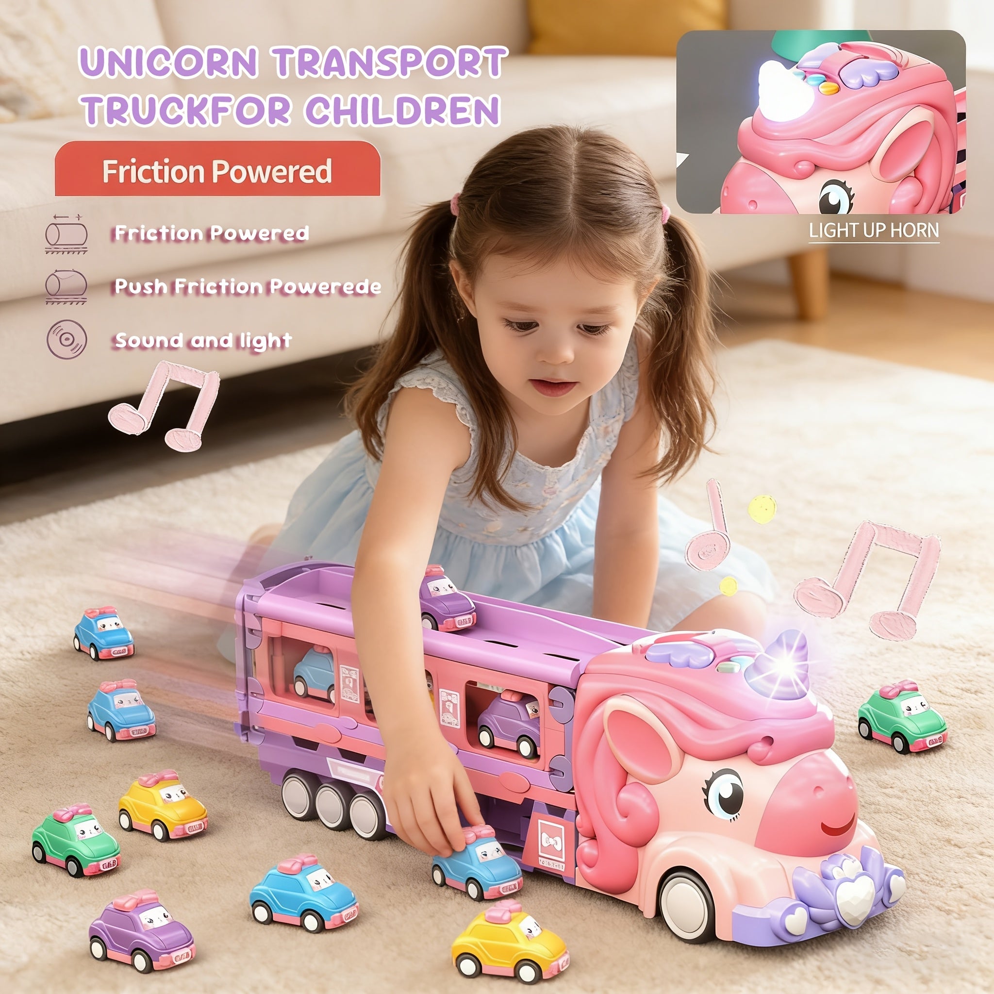 Pink Monster Truck Track Set with 8 Princess Cars – Light & Sound Friction Power, 2-Player Fold-Out Race Track Toy for Girls Boys Ages 3 4 5