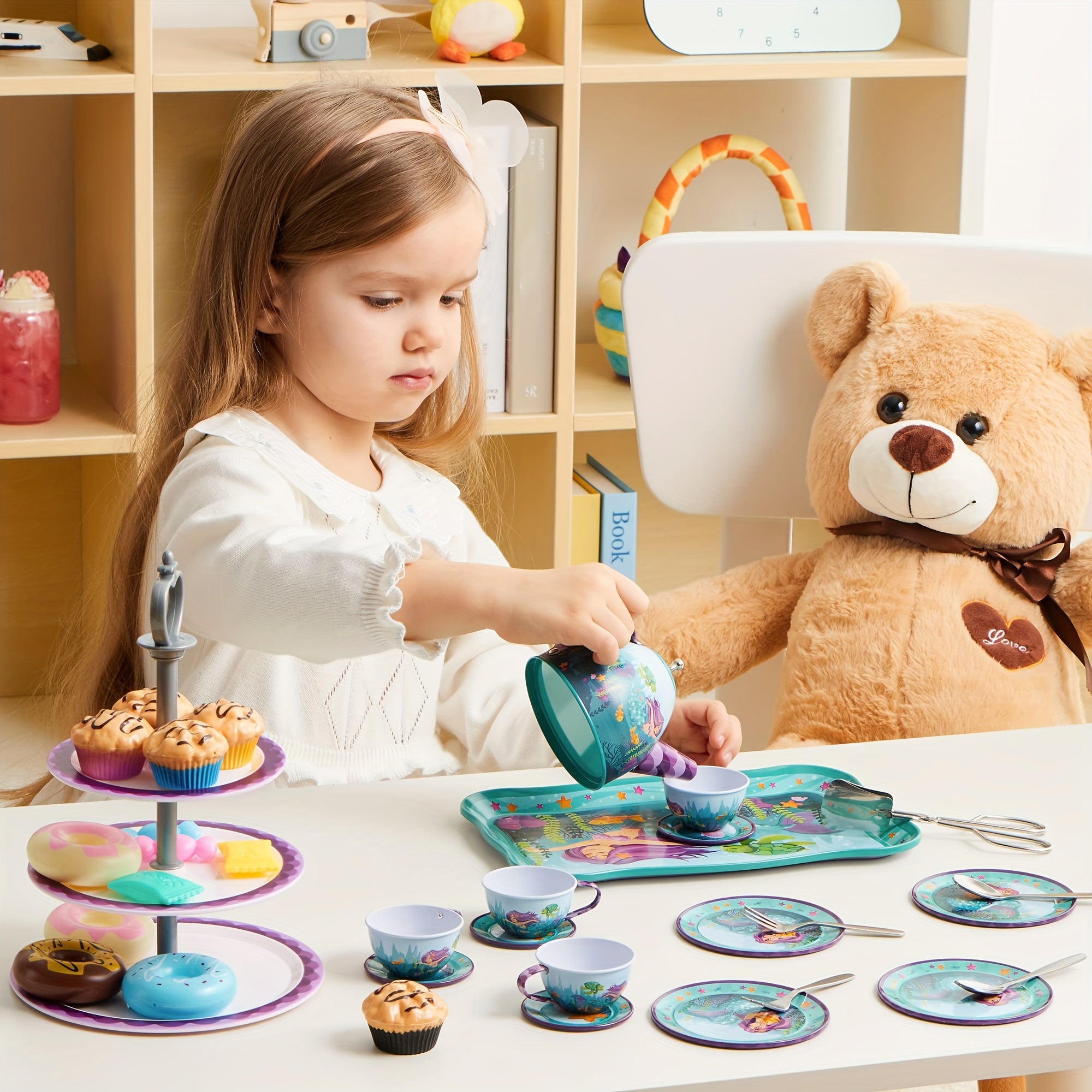 Mermaid Tea Party Set for Kids 35 Pcs Pretend Play Tin Teapot Set with Desserts 3-Tier Cake Stand Carrying Case Princess Tea Time Birthday Easter Christmas Gift