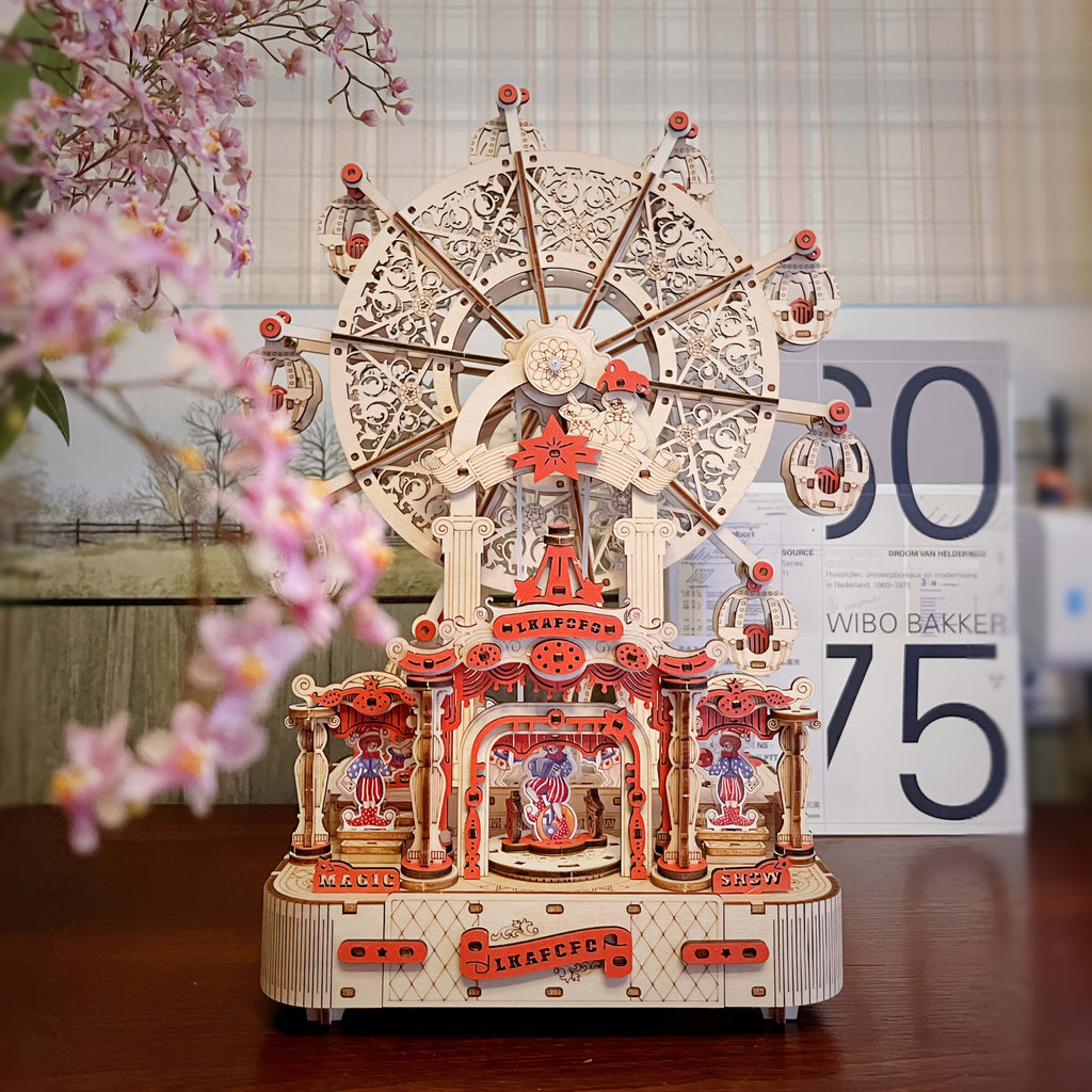 3D Wooden Puzzle Ferris Wheel Music Box DIY Handcrafted Mechanical Model Kit with Gift Box Assembly Instructions Educational Toy Christmas Gift for Teens Adults