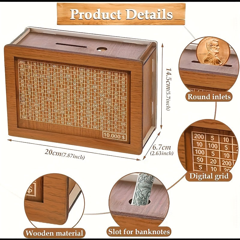 Wooden Savings Bank with Digital Counter 2 Sets – 7.87x5.7 Inch Coin Bank Holds $10,000 Adult Savings Goal Piggy Bank Gift for Friends Family