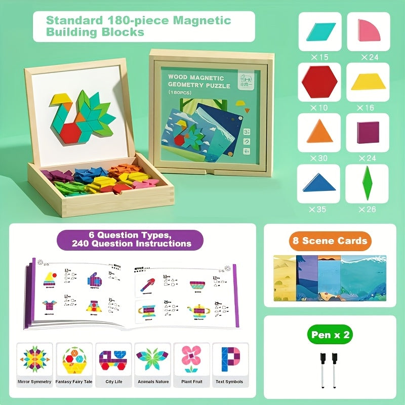 Magnetic Wooden Puzzle for Kids Ages 3-8 – Creative Geometric Shape Building Blocks STEM Educational Toy 128-280 Pieces