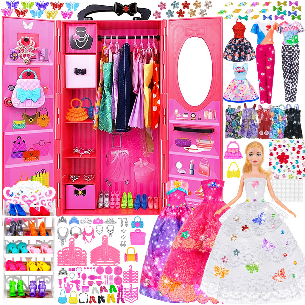 Fashion Doll Wardrobe Set 140pcs for 11.5 Inch Dolls – Includes Doll, Closet, Wedding Dresses, Shoes & Accessories, Gift for Girls Ages 6-12