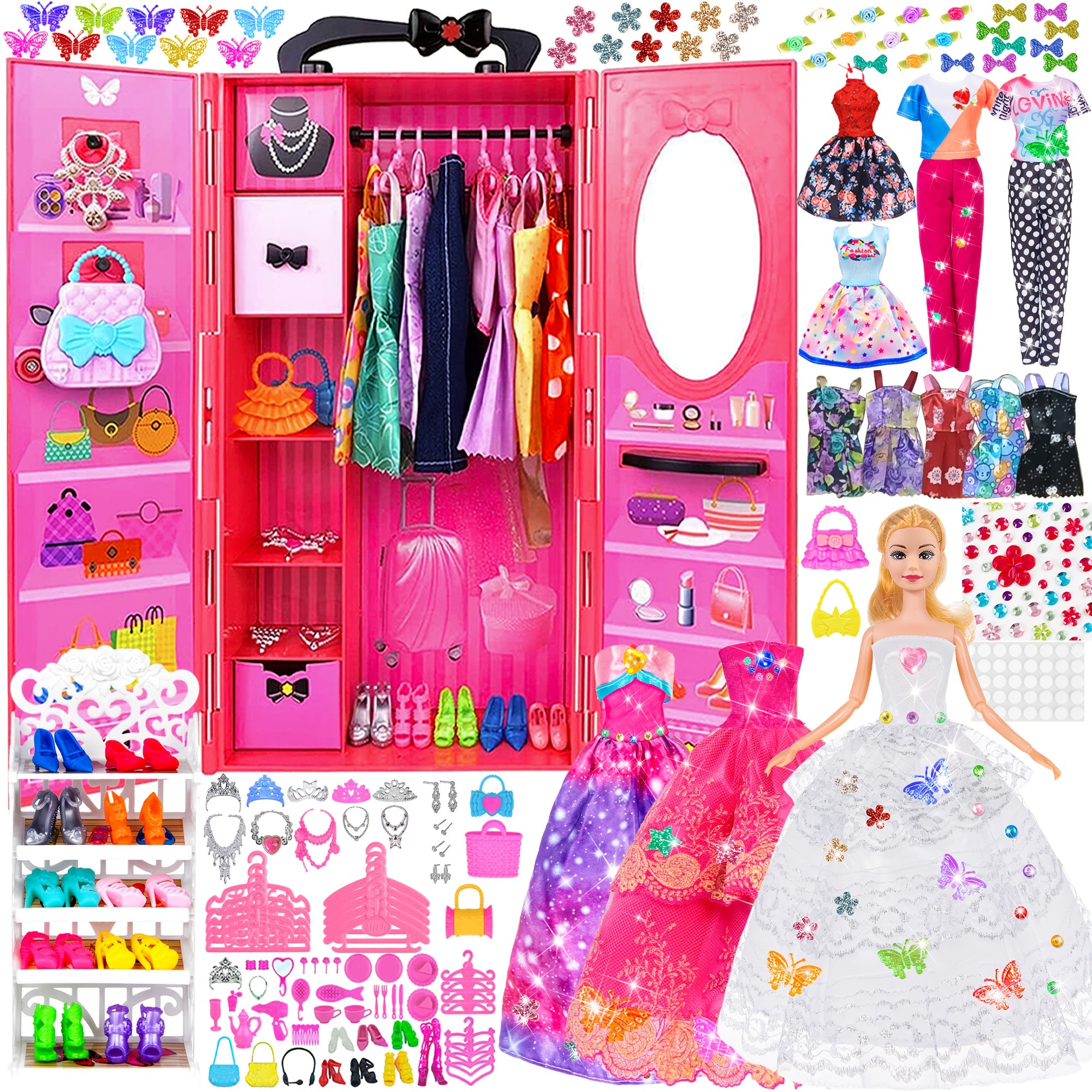 Fashion Doll Wardrobe Set 140pcs for 11.5 Inch Dolls – Includes Doll, Closet, Wedding Dresses, Shoes & Accessories, Gift for Girls Ages 6-12