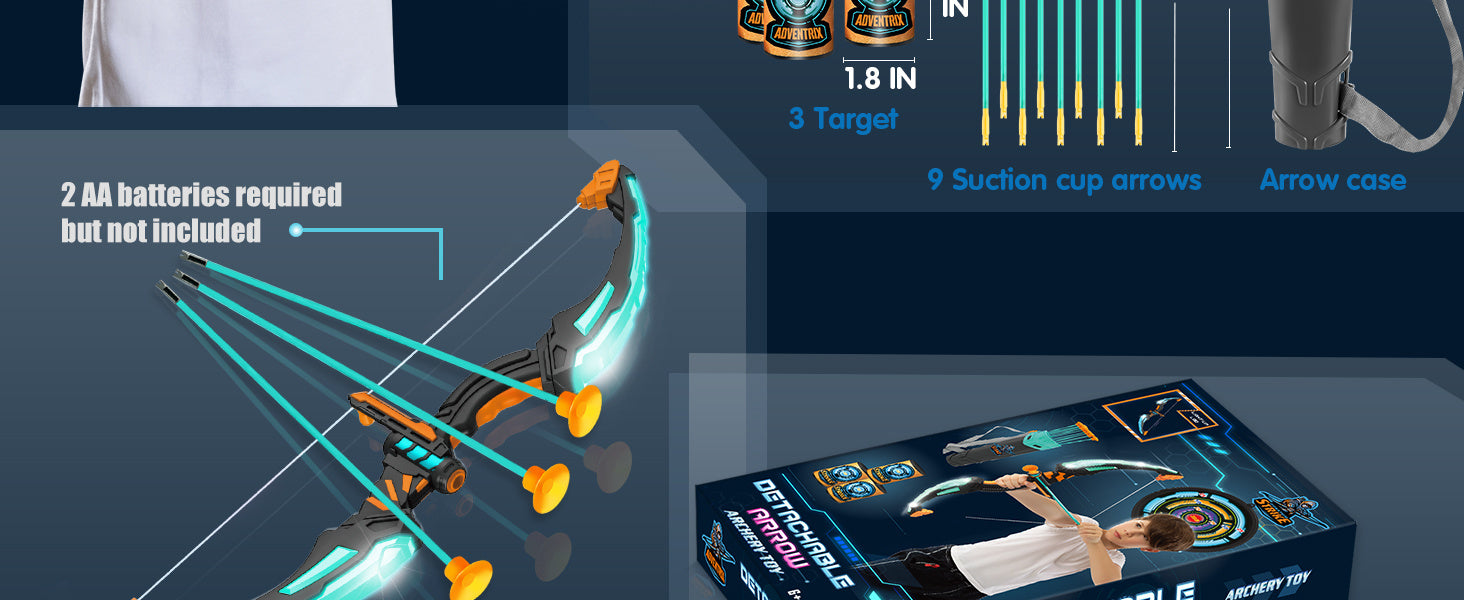 Kids LED Light Up Bow and Arrow Archery Set Ages 6-12 with 9 Suction Cup Arrows Targets Case ASTM Certified Indoor Outdoor Birthday Christmas Gift Boys Girls