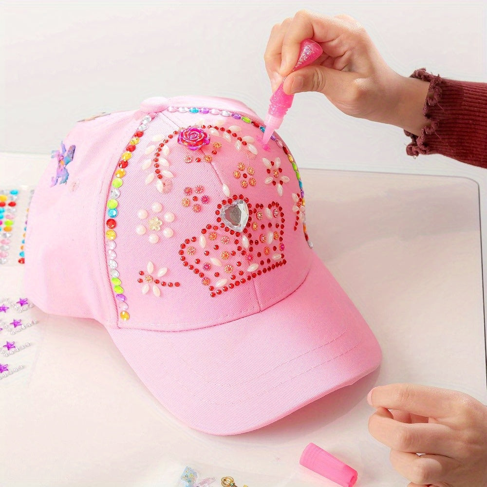Decorate Your Own Pink Baseball Cap Kit with 7 Sheets Gem Stickers & Glitter Glue DIY Art Craft Toy Creative Gift for Girls Ages 6+