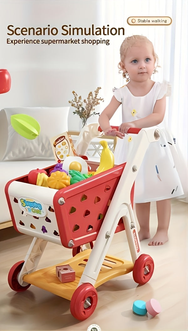 Kids Grocery Shopping Cart Toy Set Pretend Play with Pretend Food Accessories Wheels Toddler Girls Boys Christmas Birthday Gift