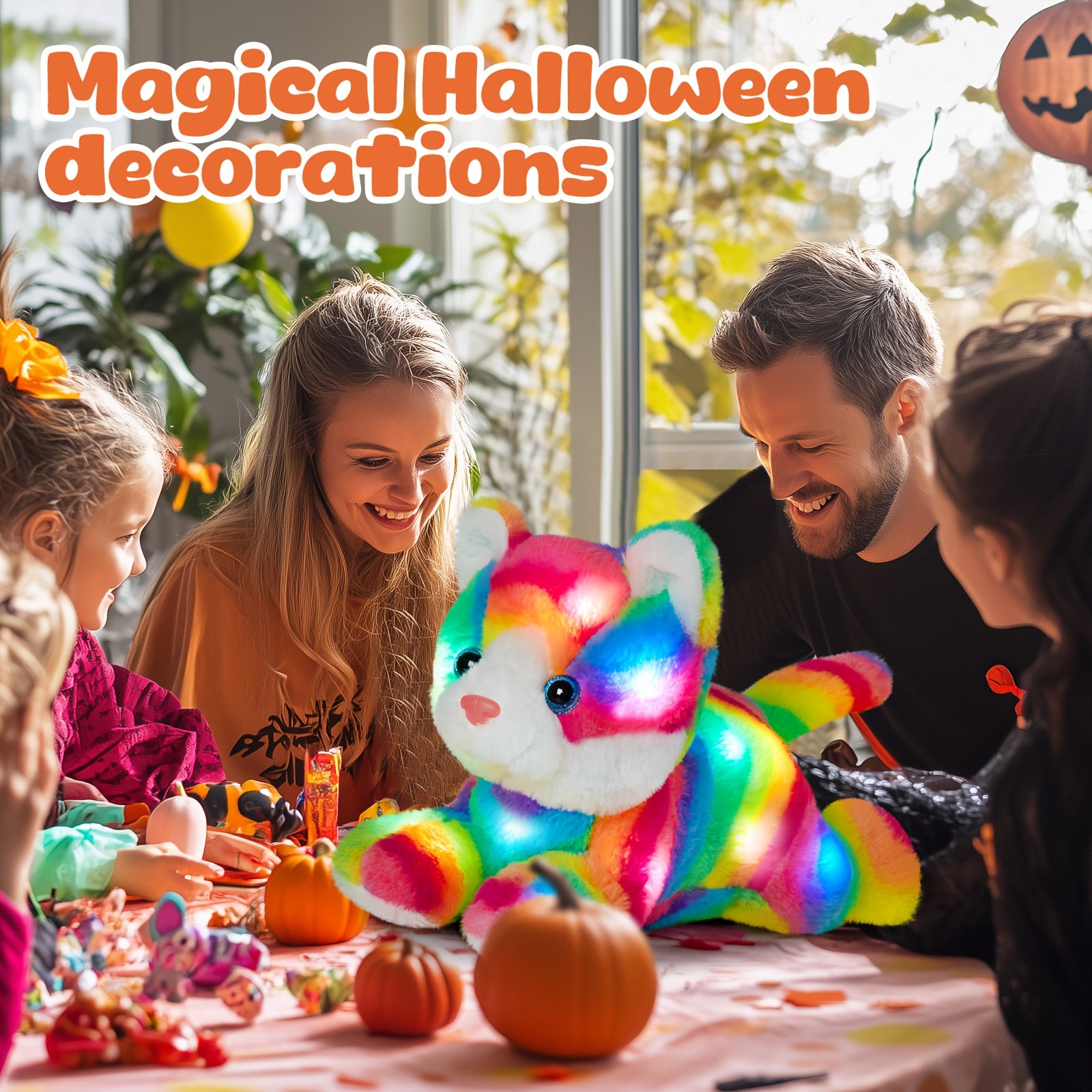 Musical Glowing Rainbow Cat Stuffed Animal - Soft Plush Cat Toy with Colorful LED Lights & Sound, Cute Kawaii Cat Plushie for Playtime Birthday New Year Party Decoration Gift