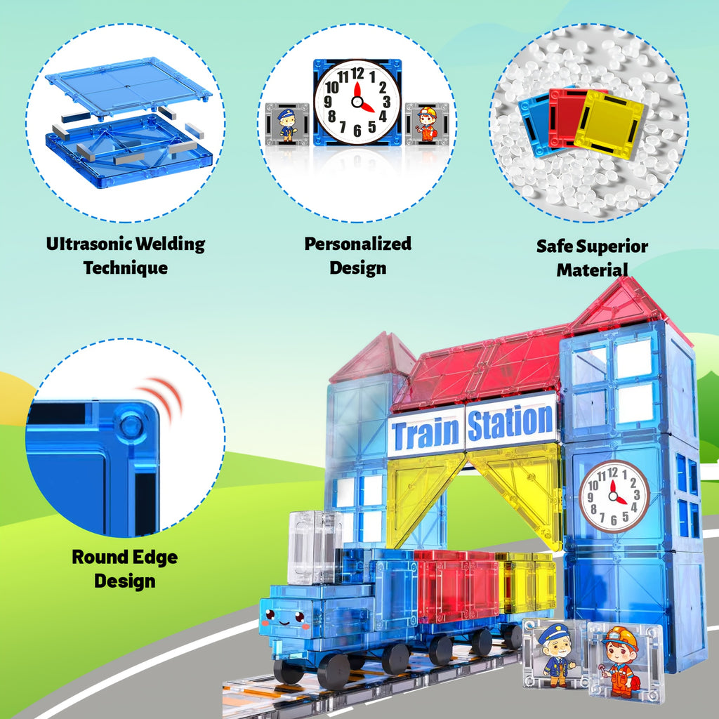 Magnetic Train Station Building Set 60pcs with Railway Tracks Train Clock Tower Trees STEM Educational Toy for Toddlers Kids Ages 3 4 5 6 - Gift