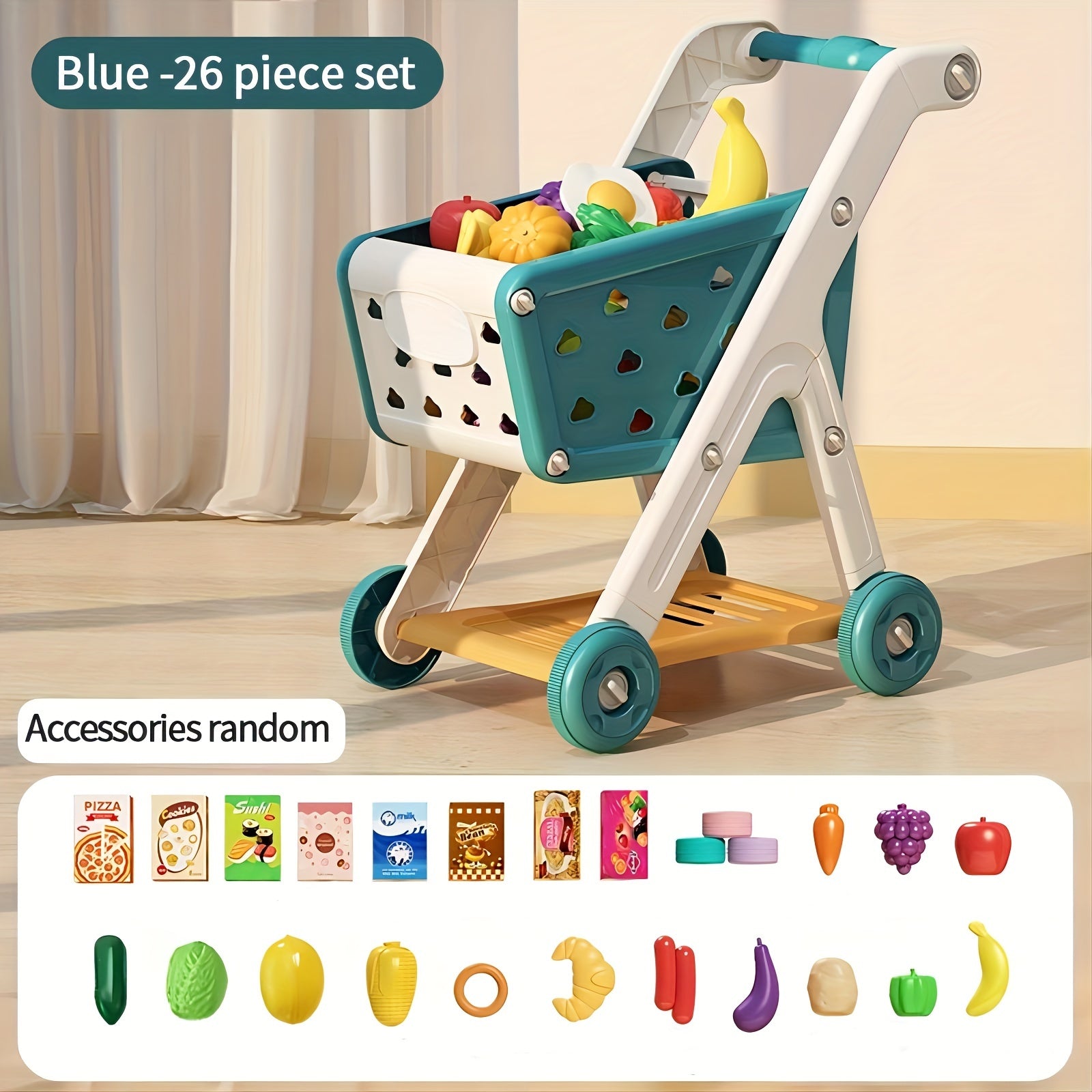 Kids Grocery Shopping Cart Toy Set Pretend Play with Pretend Food Accessories Wheels Toddler Girls Boys Christmas Birthday Gift