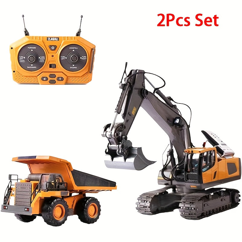 Remote Control Excavator Toy Metal Shovel LED Light 1200mAh RC Construction Truck Set Loader Garbage Truck Combo Boys Kids Ages 6+ Birthday Christmas Gift