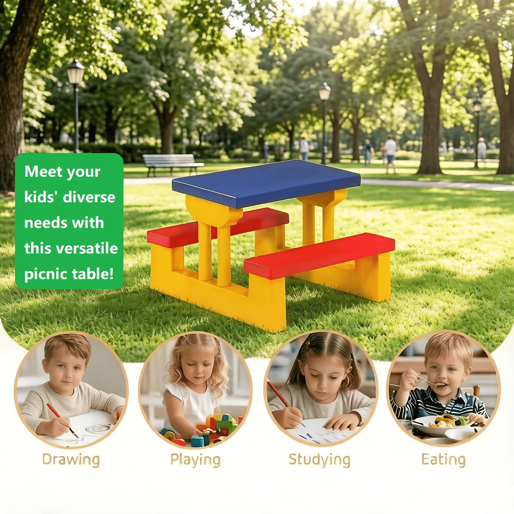 Kids Picnic Table with Umbrella and Bench Set, Seats 4 Children, 2-in-1 Indoor Outdoor Activity Table for Backyard Garden Patio, Safe PP Foldable Umbrella Kids Furniture, Birthday Holiday Gift Ages 2-6