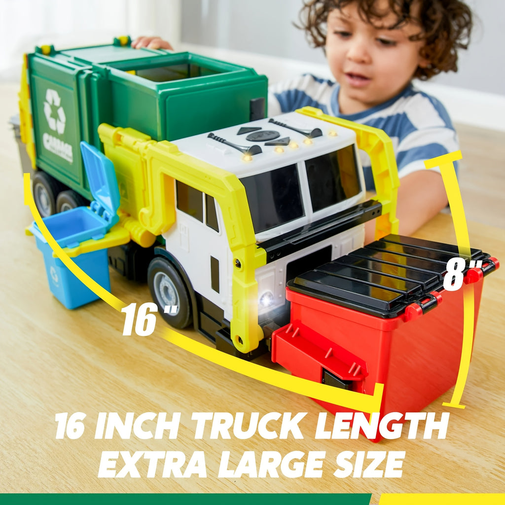 Garbage Truck Toy with Lights & Sounds – 16" Large Friction Powered Truck, Dumpster & Trash Bins, Garbage Sorting Learning Cards, Front-Load Dump Action, Birthday Gift for Kids Ages 3+