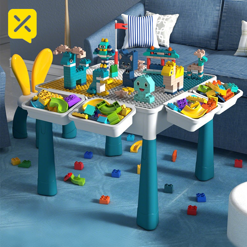 Kids Activity Table with Building Blocks All-in-One Toddler Play Table – Space-Saving Corner Design Durable ABS Plastic, Multifunctional Learning Desk Gift for Boys Girls Ages 1-6 Christmas Birthday
