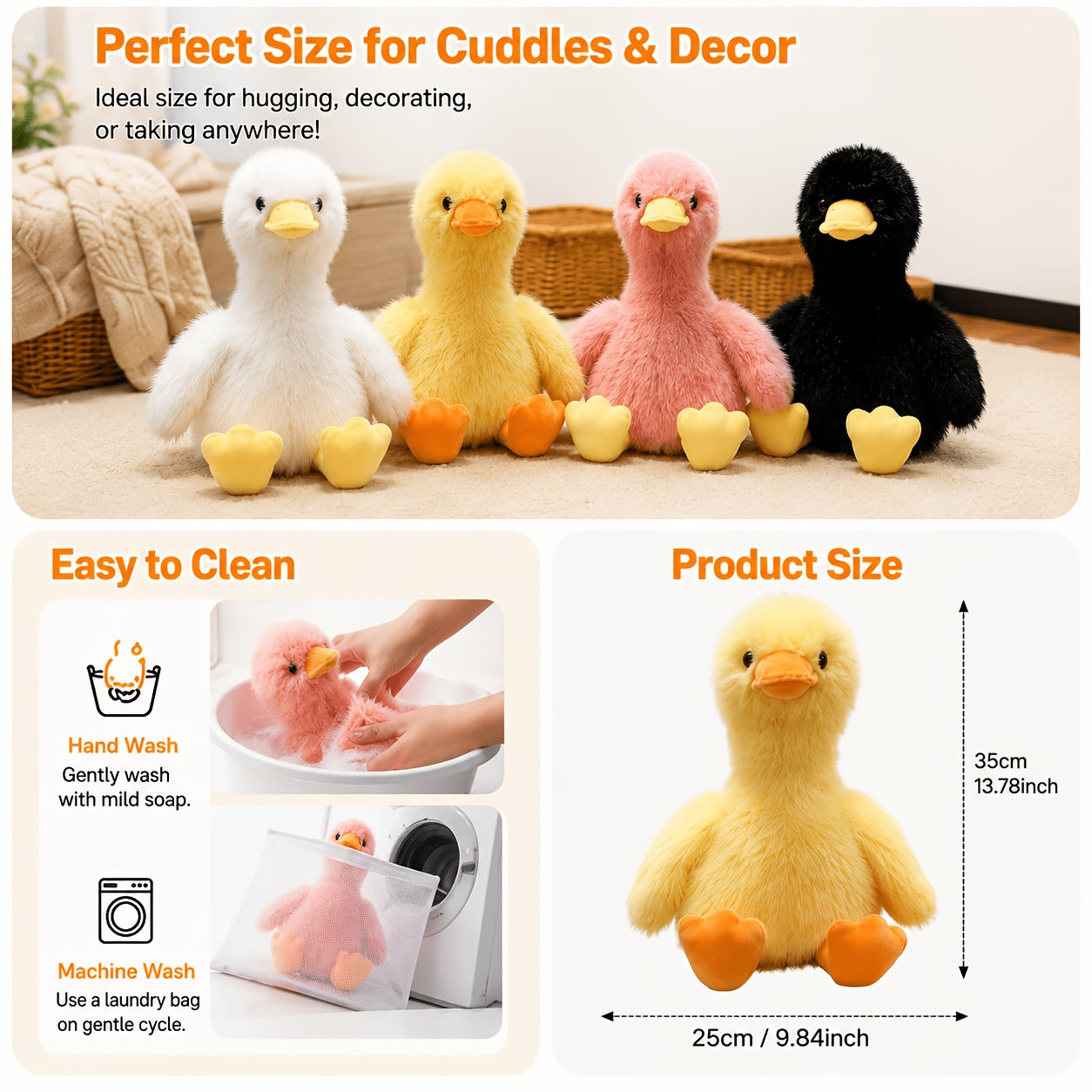 Duck Plush Stuffed Animal Toy 13 Inch – Super Soft Cartoon Duck Stuffed Animal in Yellow Pink White Black, Perfect Birthday Christmas Halloween Gift for Kids Toddlers Girls Boys