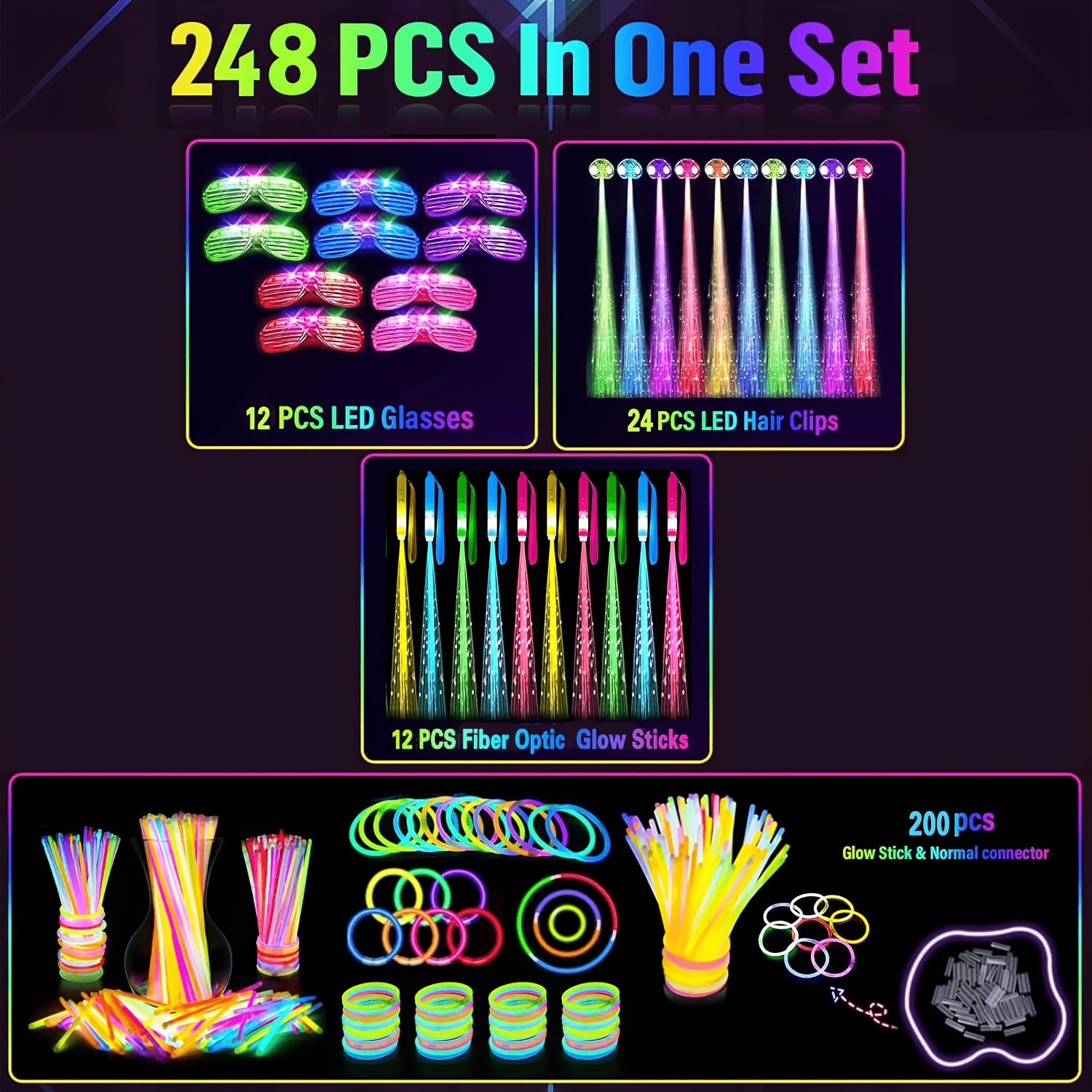 Glow in the Dark Party Supplies 248pcs – LED Glasses, Glow Sticks, LED Hair Clips & Fiber Optic Sticks for Birthday, New Year, Neon Party Favors