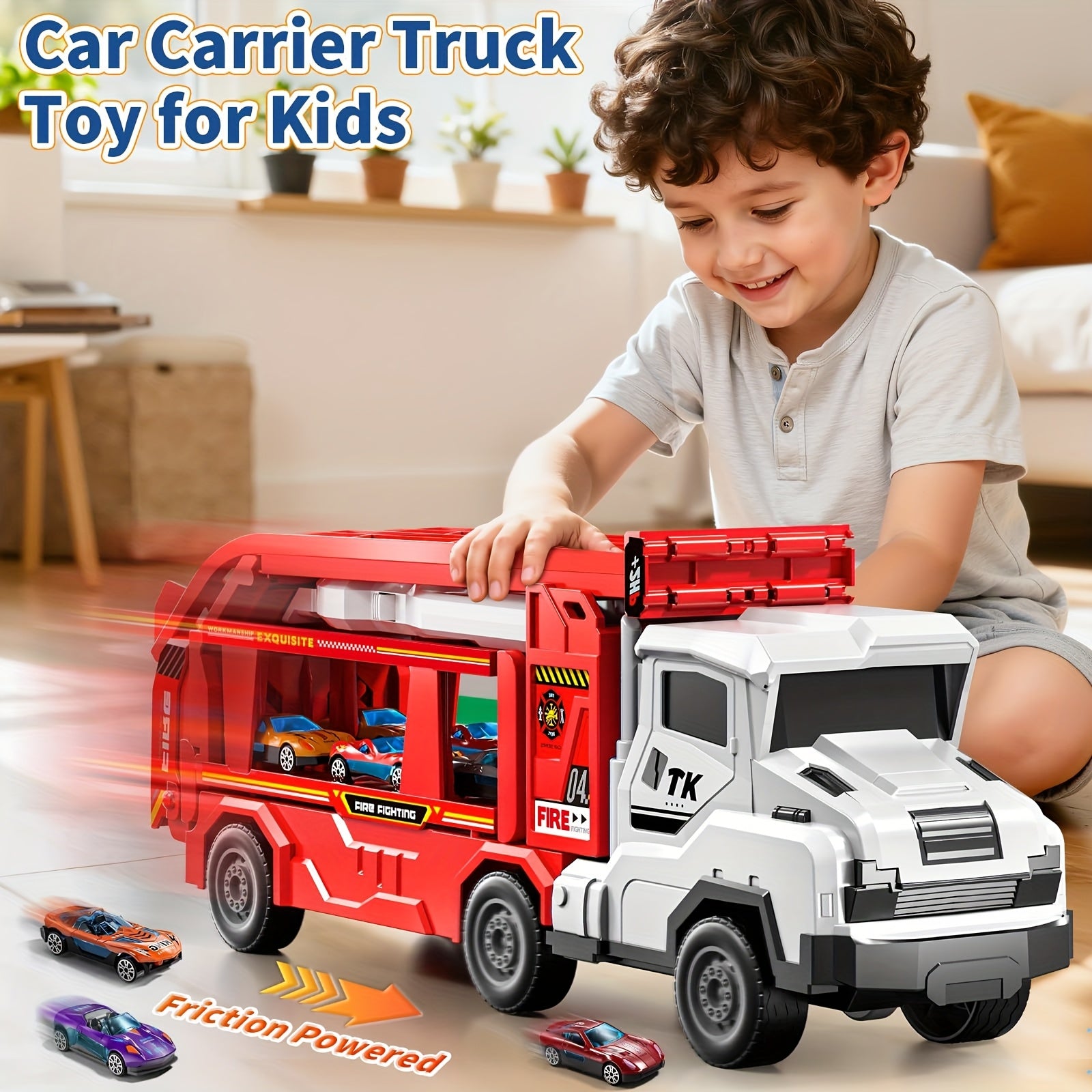 3-in-1 Kids Carrier Truck Toy with Car Tracks, 12 Racing Cars, Foldable Race Track & Garage – Toddler Birthday Gift for Boys Girls Ages 3+, Red
