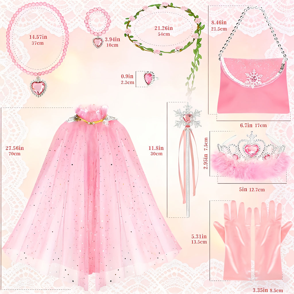 Princess Cape Dress Up Set 12pcs for Girls with Purse Gloves Tiara Jewelry Headband – Kids Costume Accessories for Birthday Halloween Christmas Cosplay Party Gift