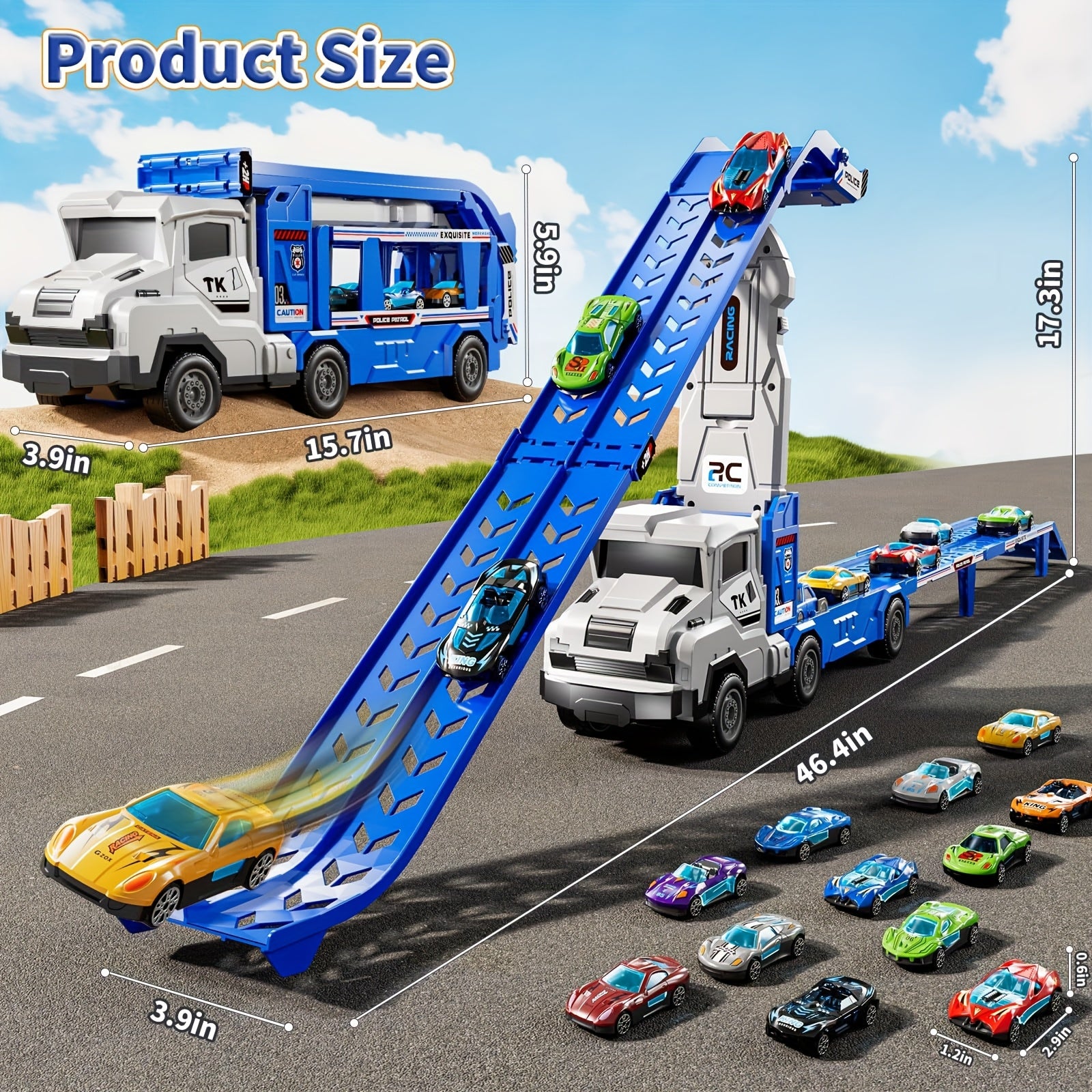 3-in-1 Kids Carrier Truck Toy with Car Tracks, 12 Racing Cars, Foldable Race Track & Garage – Toddler Birthday Gift for Boys Girls Ages 3+, Blue