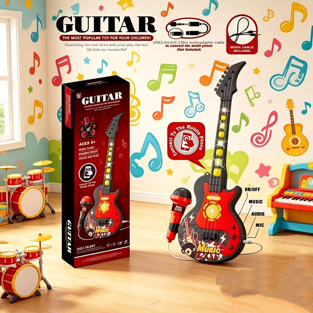 Kids Electric Guitar Toy with Microphone - Lights & Sound, Musical Instrument Toy for Boys & Girls, Beginner Guitar, Birthday Gift, Black Blue Pink