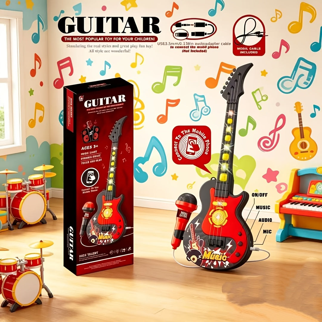 Kids Electric Guitar Toy with Microphone - Lights & Sound, Musical Instrument Toy for Boys & Girls, Beginner Guitar, Birthday Gift, Black Blue Pink