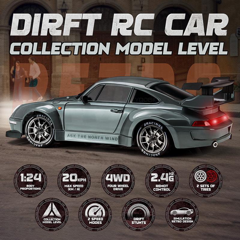 4WD RC Drift Car with Dual Rechargeable Batteries, 1:24 Scale 2.4GHz Remote Control Racer with LED Lights and Swap Tires for Kids Ages 5+