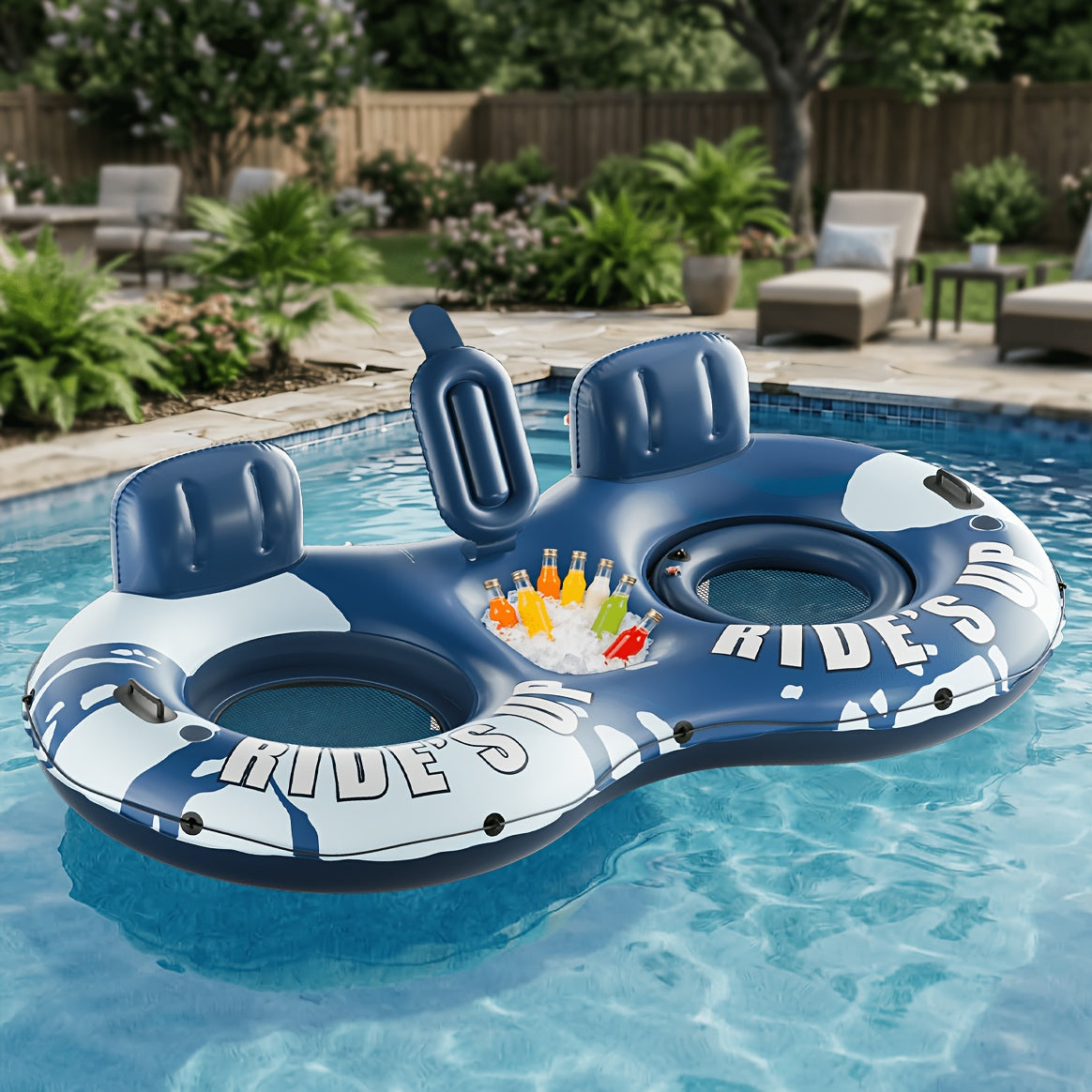 Inflatable Water Float Tube 2-Person 93 Inch 660lb Capacity Heavy Duty Pool River Lake Floating Lounge with Backrest Cooler & Cup Holders – Outdoor Summer Water Leisure