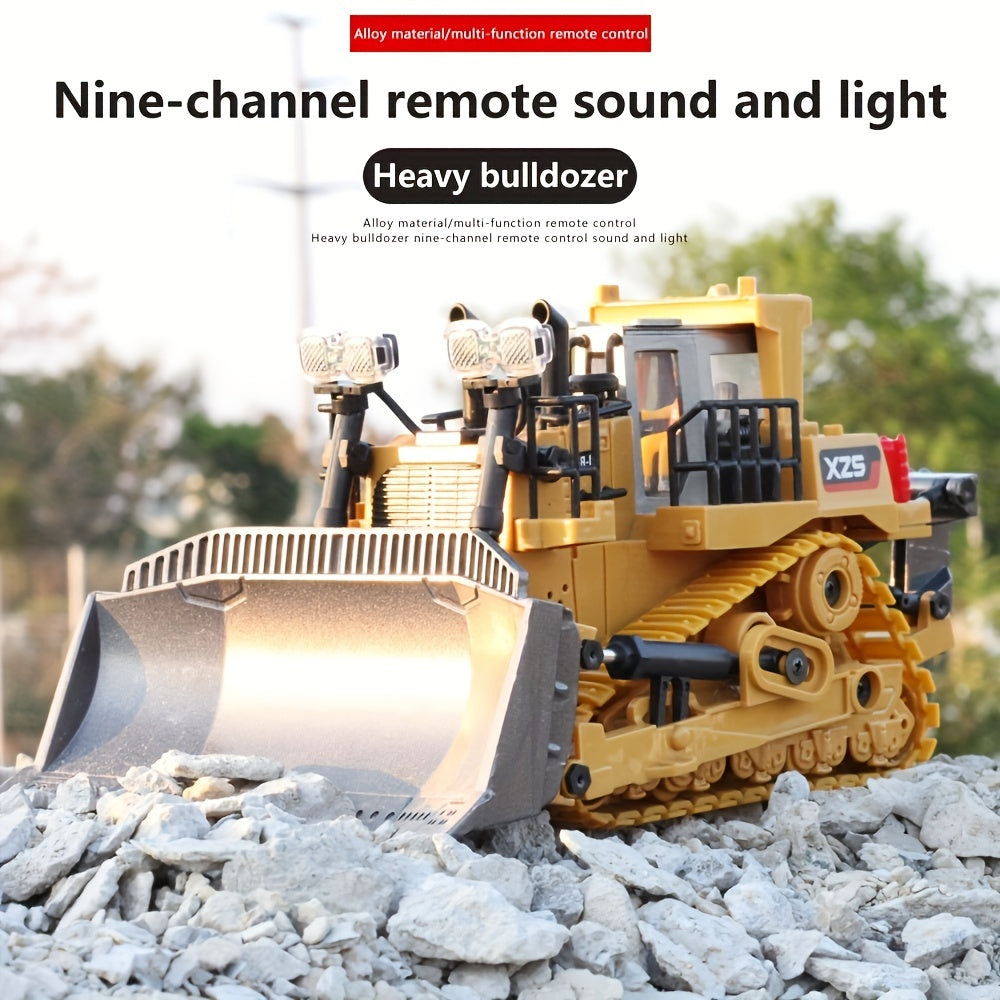 RC Construction Vehicle Toy 9-Channel 2.4GHz Alloy Metal Bulldozer Excavator Loader with Lights Sound Rechargeable – Kids Halloween Christmas Birthday Gift Boys Girls