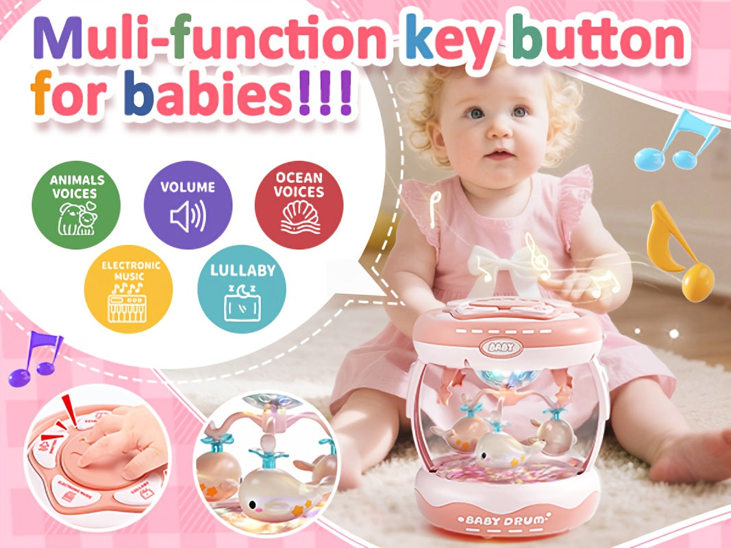 JOVOW Baby Rotating Projector Music Toy for 3 Months+ – Interactive Animal Sounds & Music, Multi-Functional Sensory Learning Toy for Infant Boys Girls, Party Music, Skills Development, Pink & Blue
