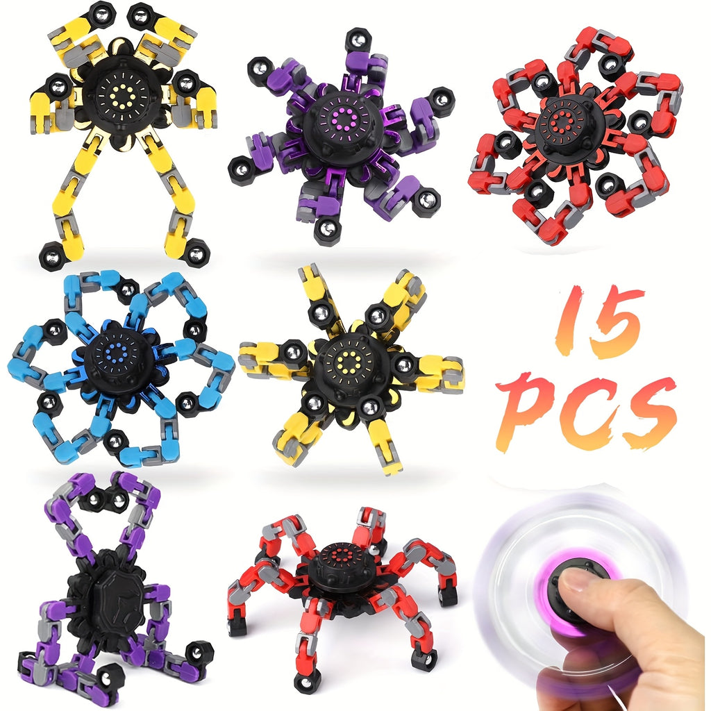 Deformable Robot Fidget Spinner Gyro Toys 10 & 15 Pack – Mechanical Fingertip Spinner Decompression Toys, Glow in Dark Option, Party Favors & Gifts