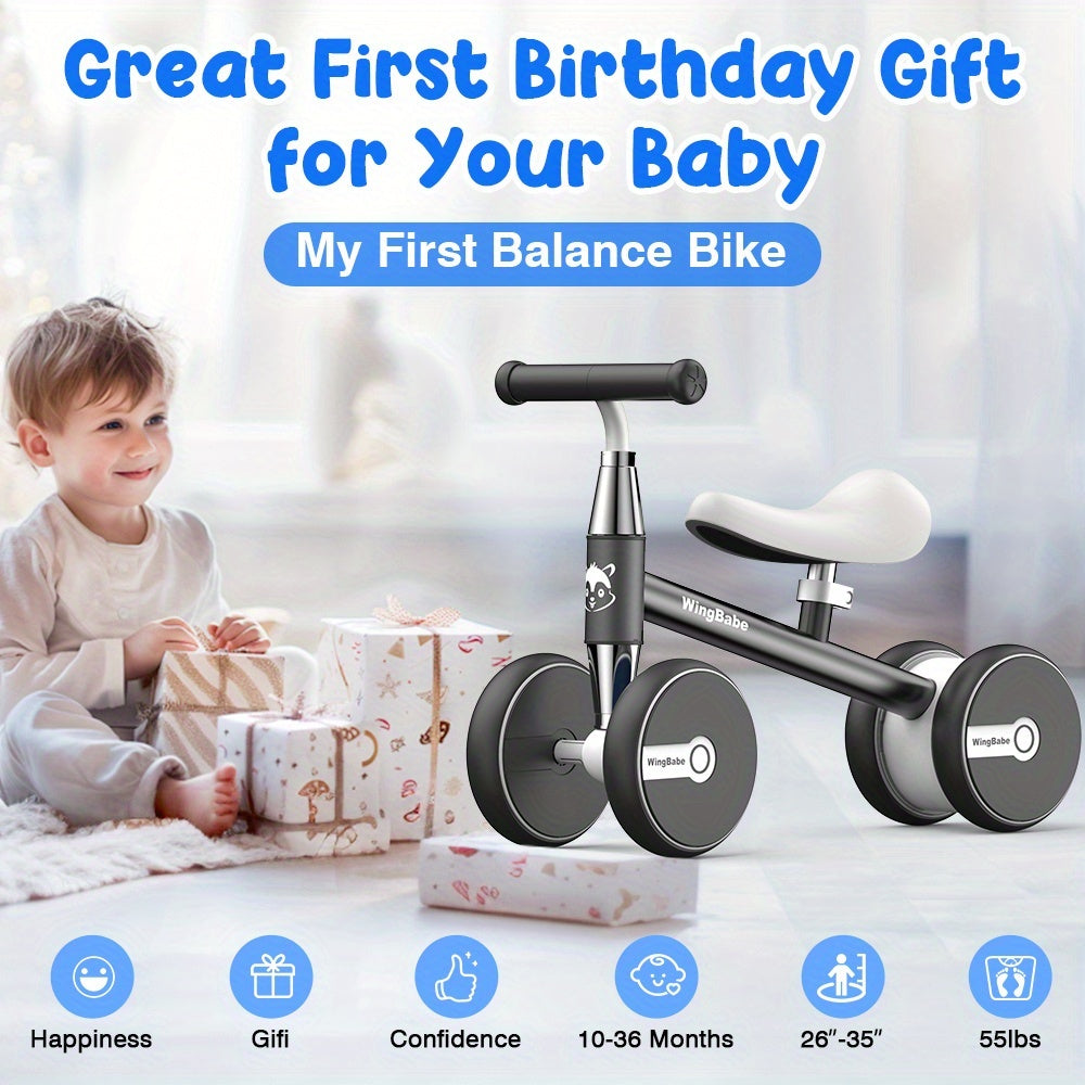 Baby Balance Bike for Toddlers 10-36 Months, 4 Wheel First Bike for Boys Girls with Adjustable Seat Silent TPE Tires 90° Safety Steering, Indoor Outdoor Ride-On Toy, 1st Birthday Christmas Gift