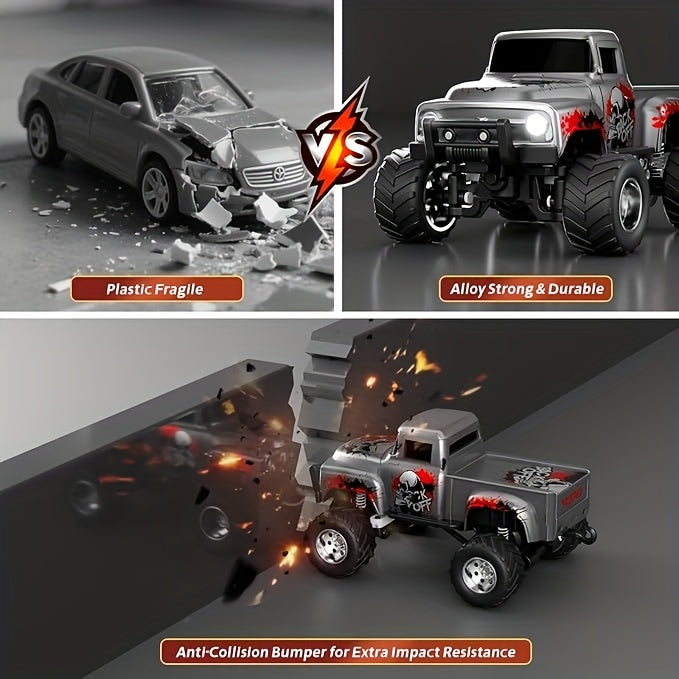 1:64 Scale Die-Cast RC Monster Truck 2.4GHz High-Speed Off-Road Vehicle LED Headlights Multiple Control Modes Adjustable Speed Gift for Boys Girls