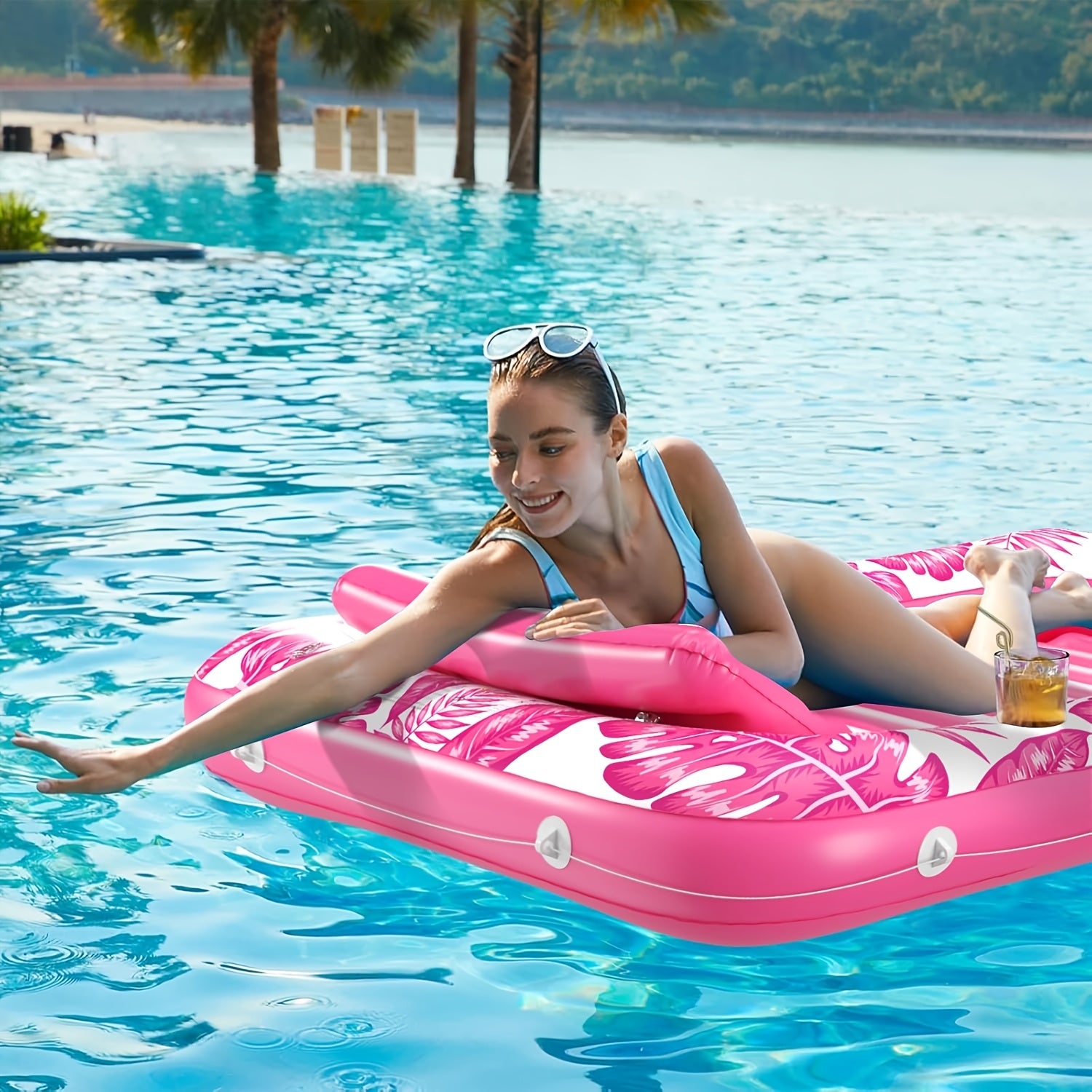 Inflatable Tanning Pool Lounger Float – 4-in-1 Sun Tan Tub Pool Float Raft with Water Fill, Pillow & Cup Holder, Sunbathing Lounge Mat for Adults, Large