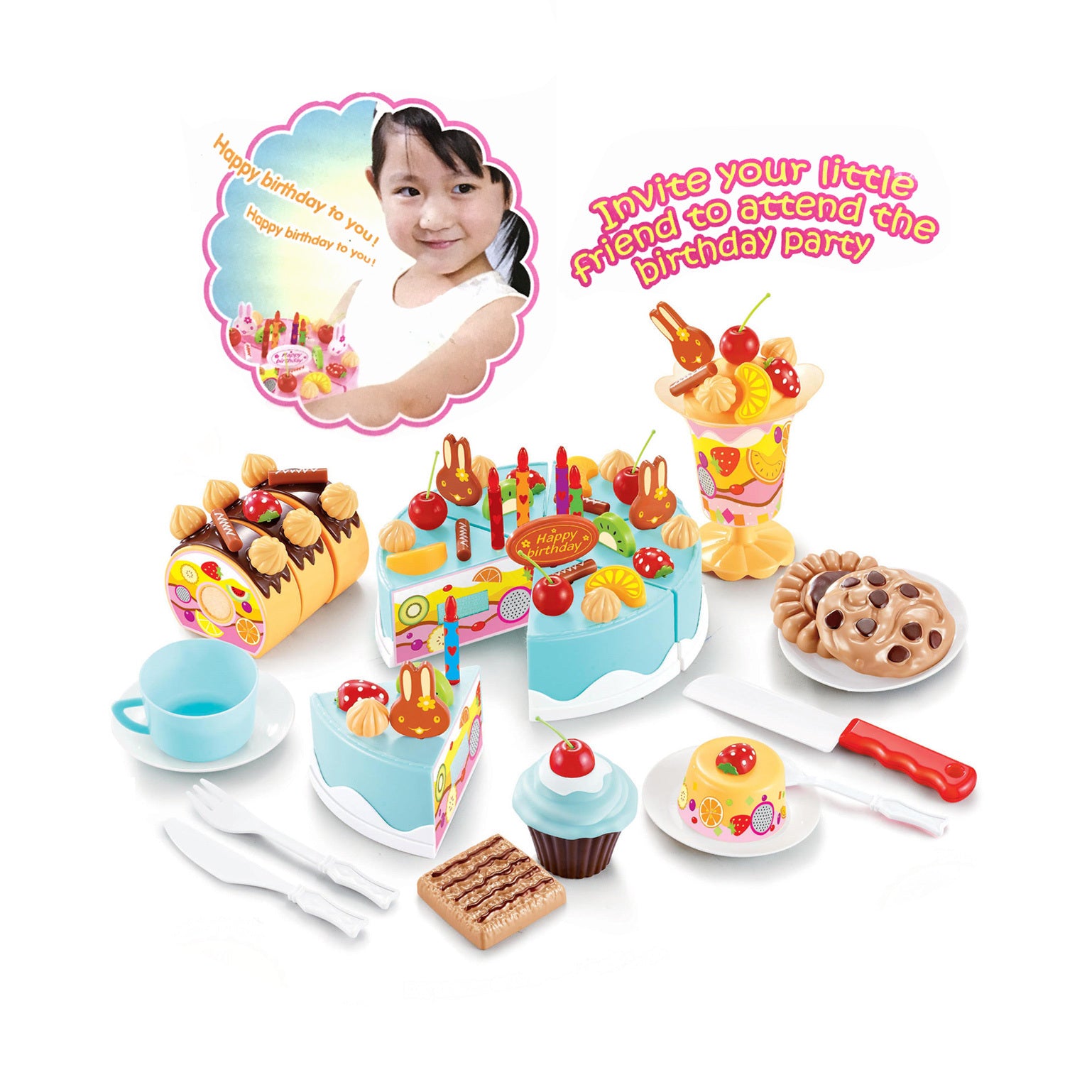 Birthday Cake Tea Party Play Food Toy Set Kids Pretend Play Cake Decorating Dessert Accessories 75-85pcs Girls Ages 3+