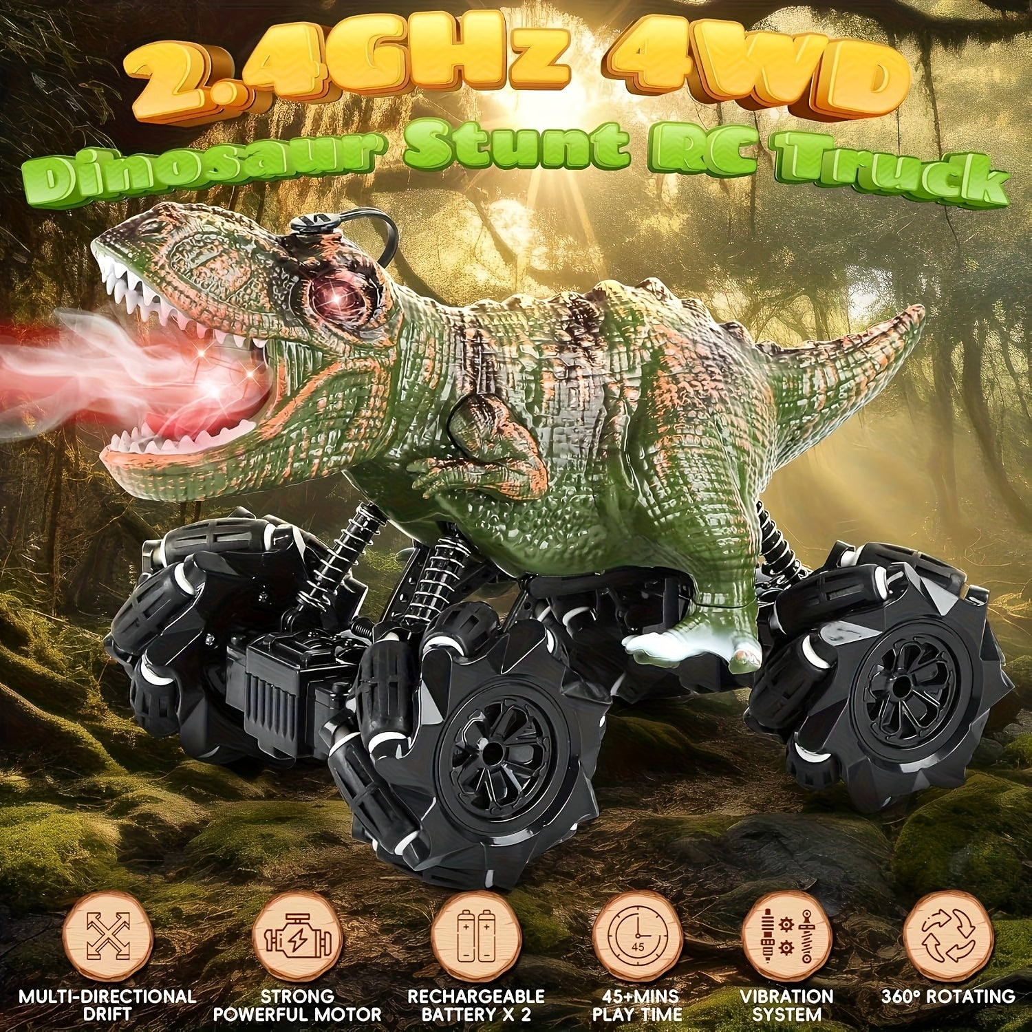 Dinosaur RC Stunt Car with Lights Sounds & Spray - Monster Truck Remote Control Toy for Boys Girls Kids All-Terrain Indoor Outdoor Fun Birthday Easter Gift