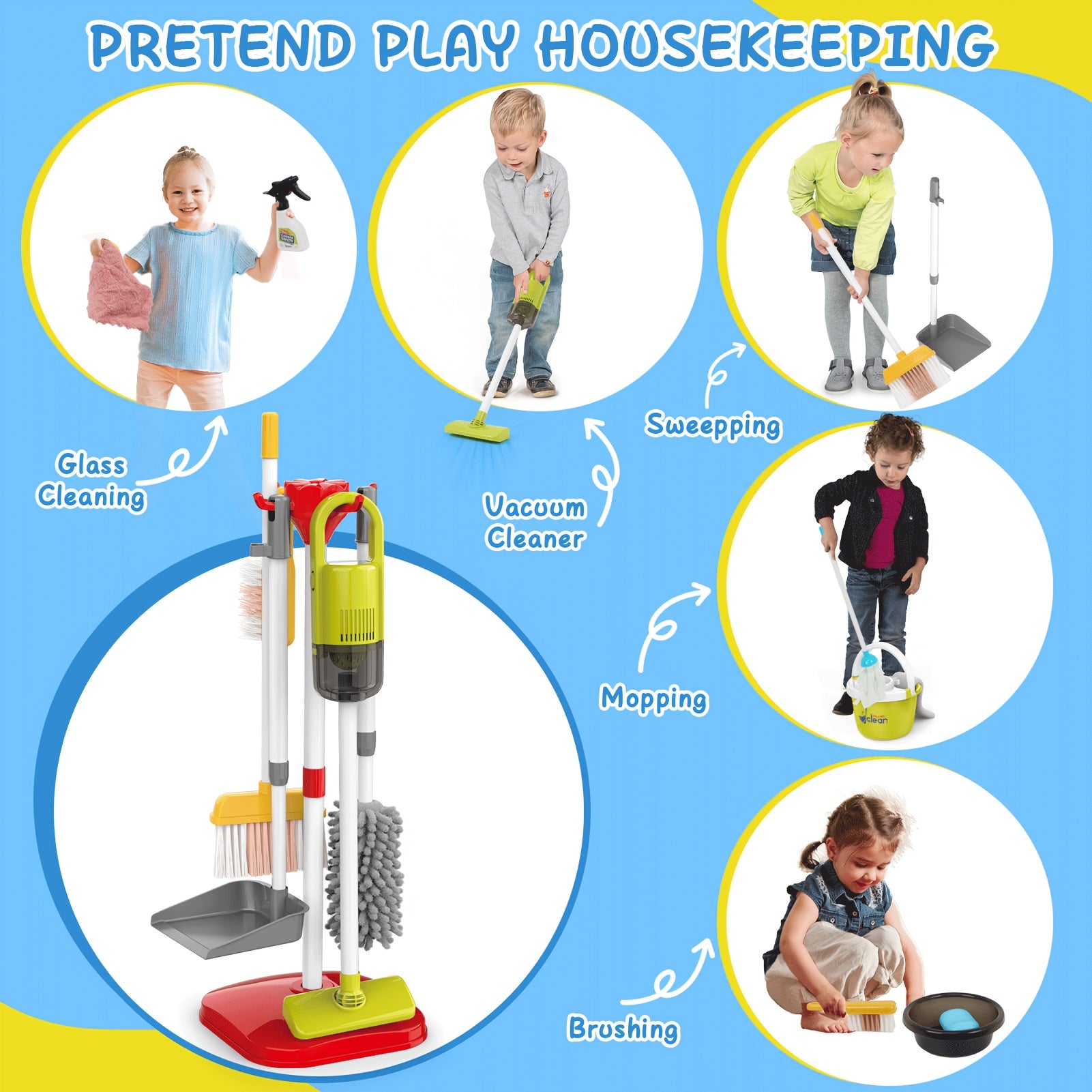 Kids Pretend Play Cleaning Toy Set with Electric Vacuum Cleaner Broom Dustpan Mop & Duster – Home Cleaning Playset for Toddlers Boys & Girls Birthday Gift