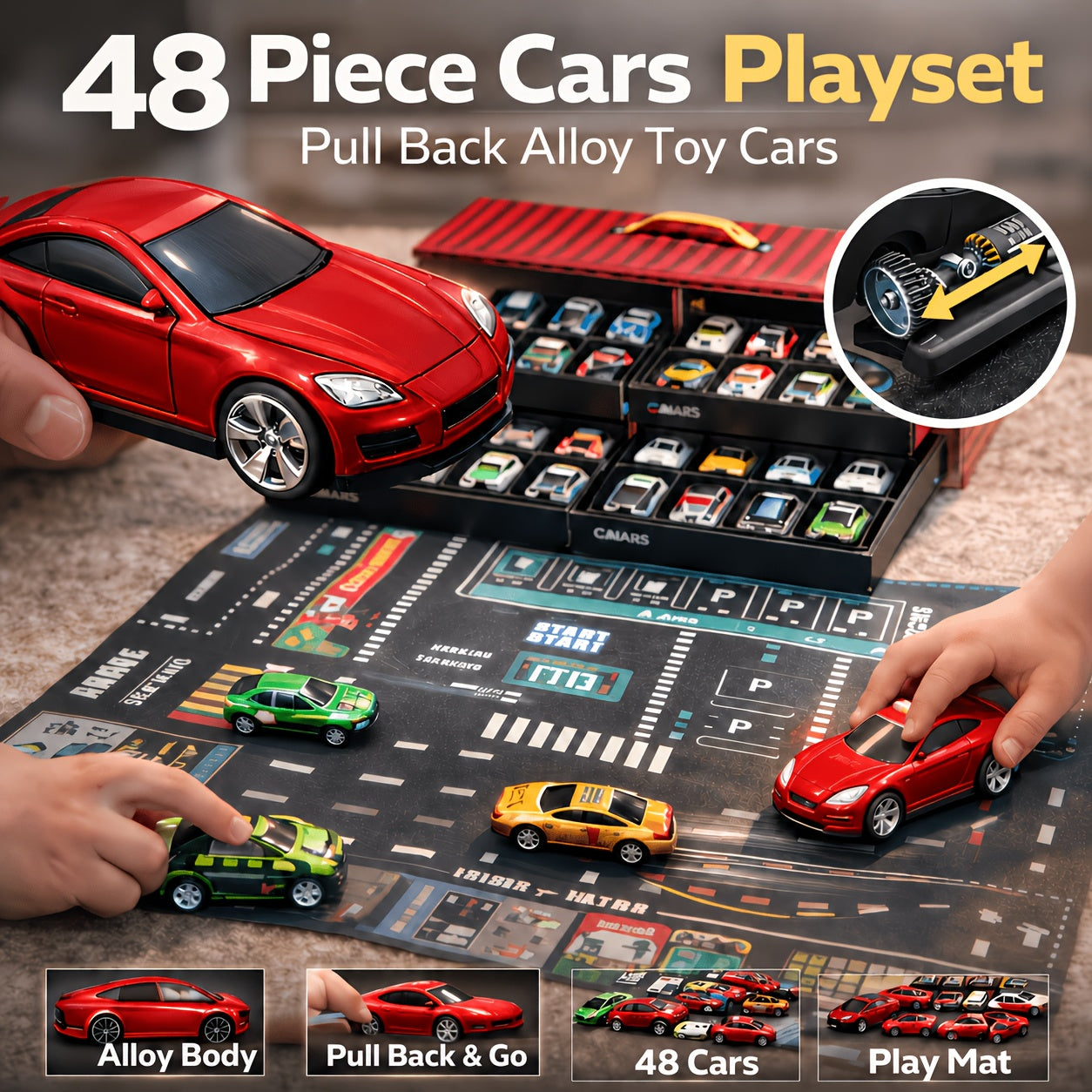 Racing Car Toy Set 48PCS Friction Powered Mini Cars with 4-Level Garage Track All-in-One Play Set for Boys Ages 3+ Birthday Christmas Gift