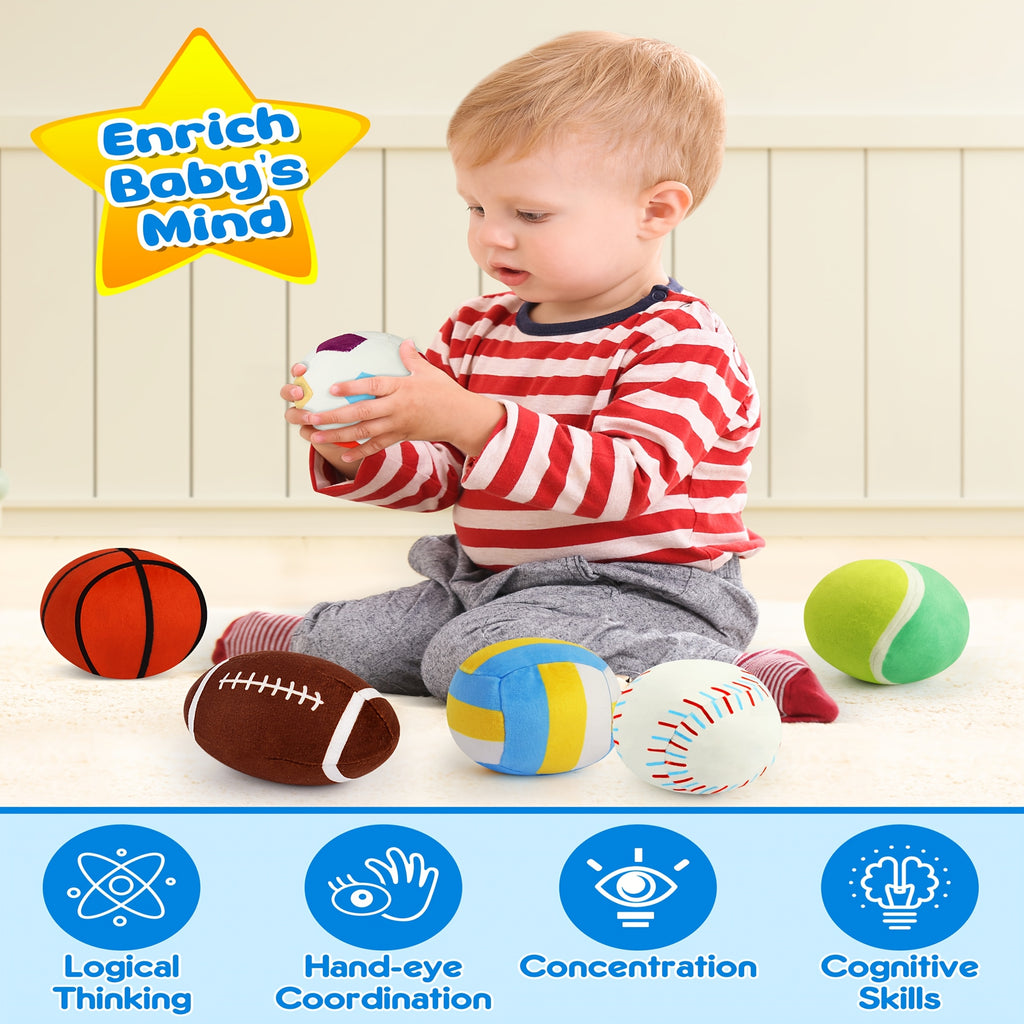 Baby Sensory Balls Set 6 Pcs Soft Plush Crinkle Rattle Toys for Toddlers Newborns - Texture Ball with Travel Storage Bag, Early Learning Infant Toy for 12+ Months, Baby Shower Gift Boys Girls