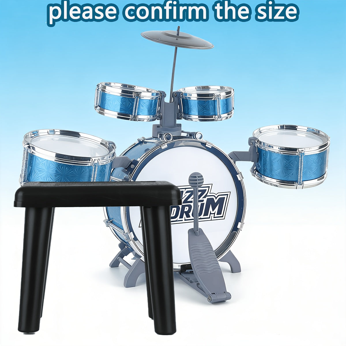 Kids Drum Set with Chair for Toddlers Ages 3-5 - Children's Musical Instrument Toy, Birthday Christmas Gift for Boys & Girls, Black & Deep Blue