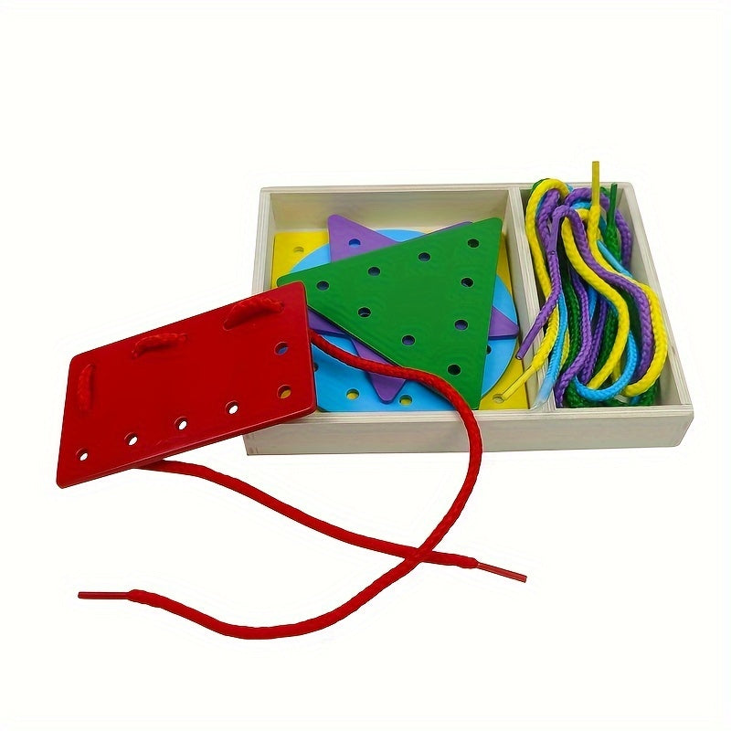 Wooden Lacing Cards for Toddlers – 5-Piece Double-Sided Shape Threading Toy Set in Box, Montessori Fine Motor Skill Activity Toy for Kids Ages 2+