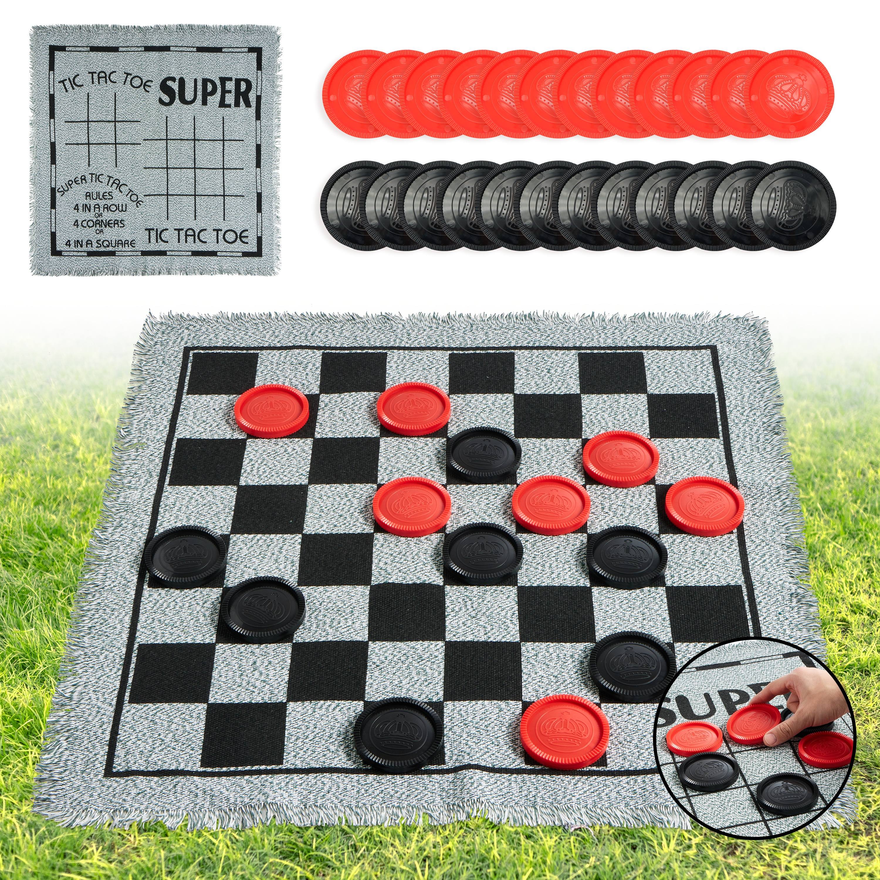 3-in-1 Giant Checkers and Tic Tac Toe Game Set with Reversible Mat 24 Oversized Chips Family Lawn Game Indoor Outdoor BBQ Party Easter Birthday Gift Ages 3+