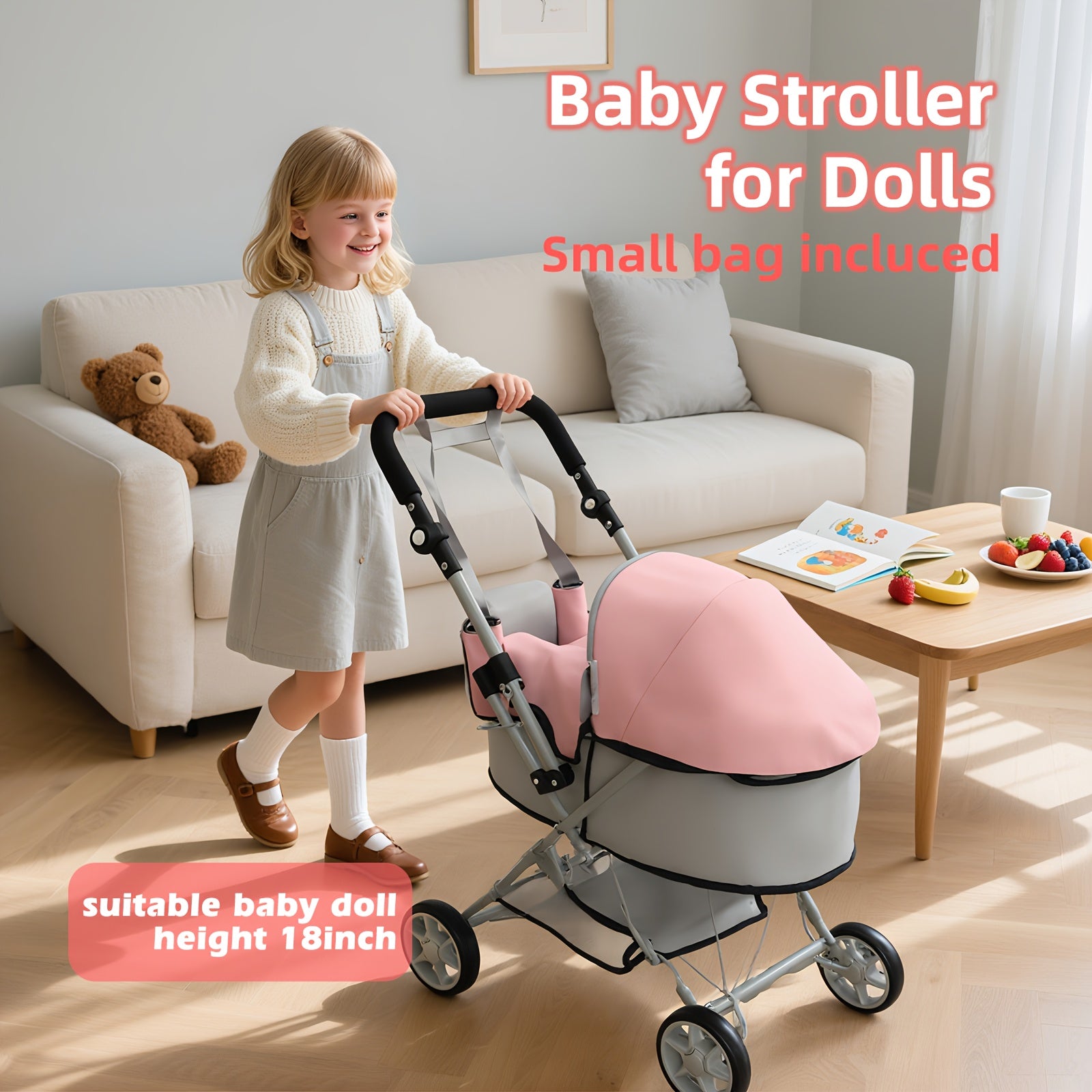 Foldable Doll Stroller for 16-20 Inch Dolls with Adjustable Handle Storage Basket & Shoulder Bag – Caregiver Role Play Toy Gift for Girls Gray Pink
