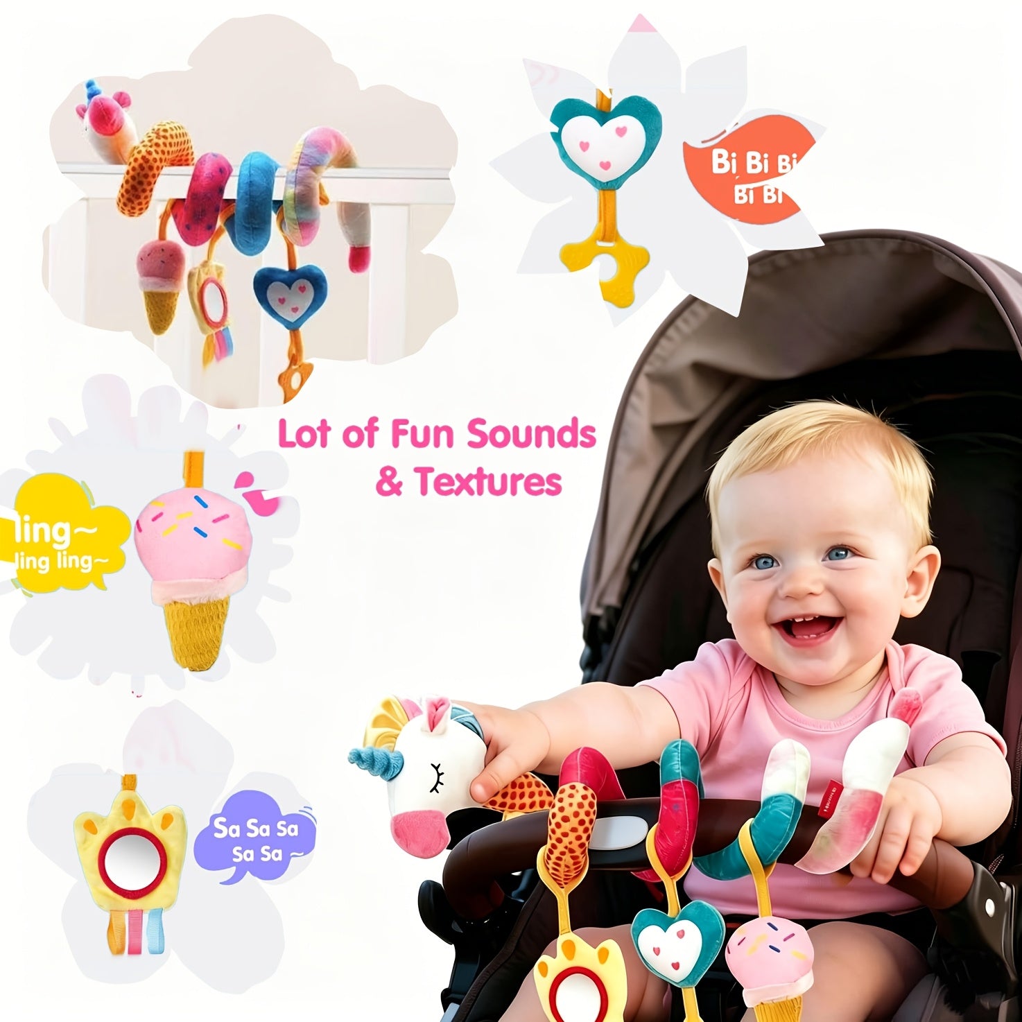 Baby Car Seat Toys 0-6 Months – Unicorn Infant Stroller Toy with Rattle, Mirror, Crinkle & Squeaky Features, Sensory Development Toy for Newborn Boys Girls, Baby Shower Gift