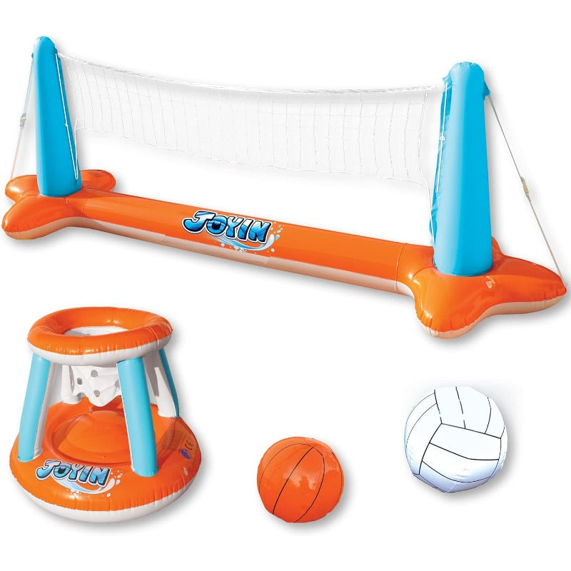Inflatable Pool Float Set Volleyball Net & Basketball Hoops Swimming Pool Games for Kids Adults Summer Party Floaties Outdoor Water Sports Toy Orange