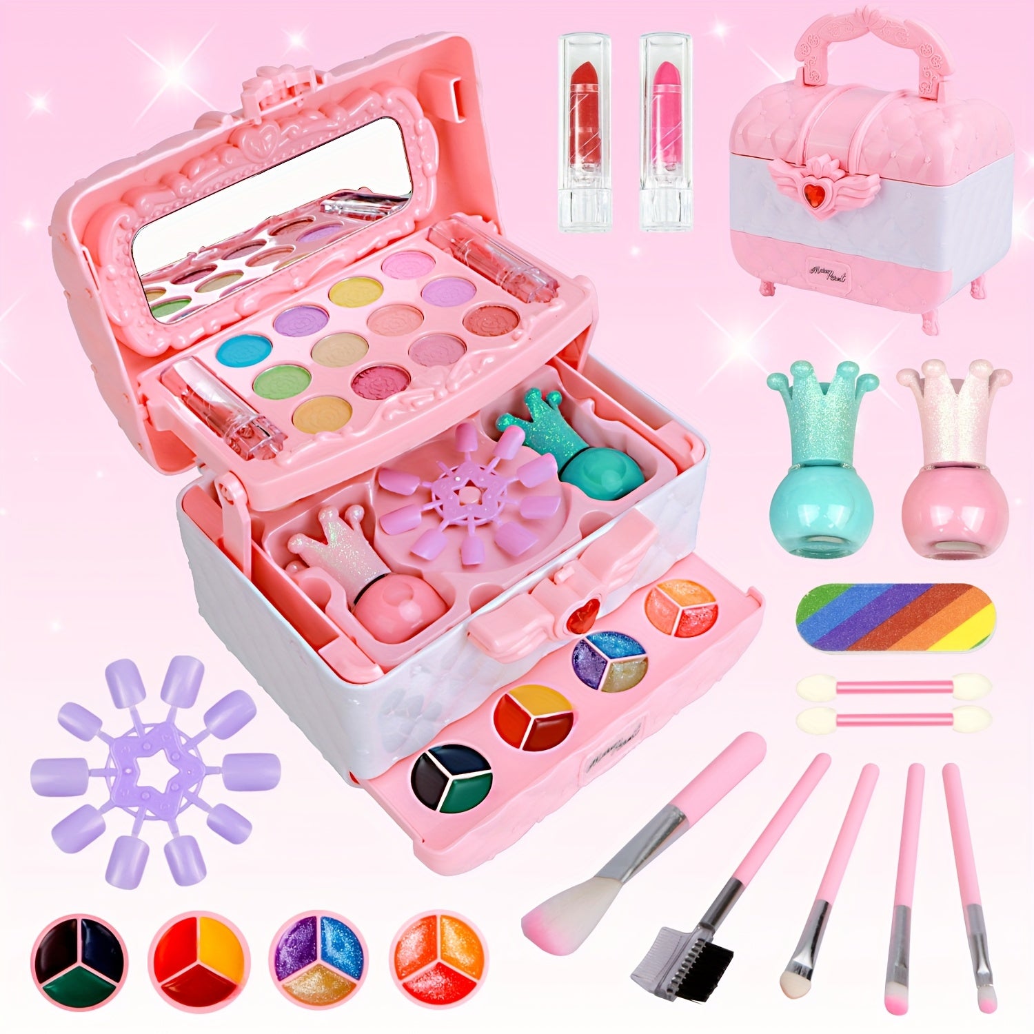 Kids Makeup Kit for Girls 48 Piece Washable Hypoallergenic Eyeshadow Blush Lip Gloss Nail Polish Glitter Princess Pretend Play Cosmetic Set Ages 5-12 Birthday Christmas Gift