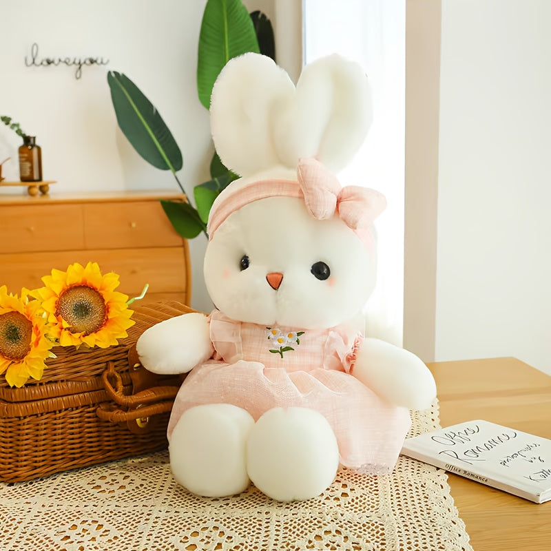 Easter Bunny Plush Toy with Bow - Cute Soft Stuffed Rabbit Doll, Adorable Bunny Plushie for Easter Basket, Birthday Valentine's Day Gift for Kids Girls Women