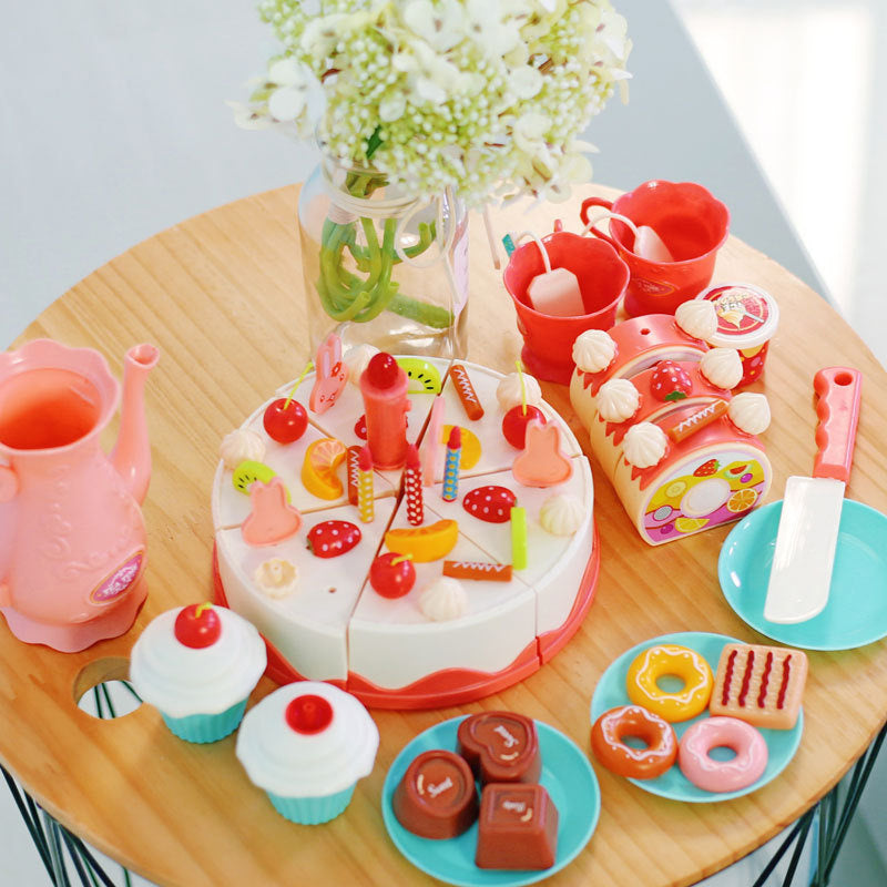 Birthday Cake Tea Party Play Food Toy Set Kids Pretend Play Cake Decorating Dessert Accessories 75-85pcs Girls Ages 3+